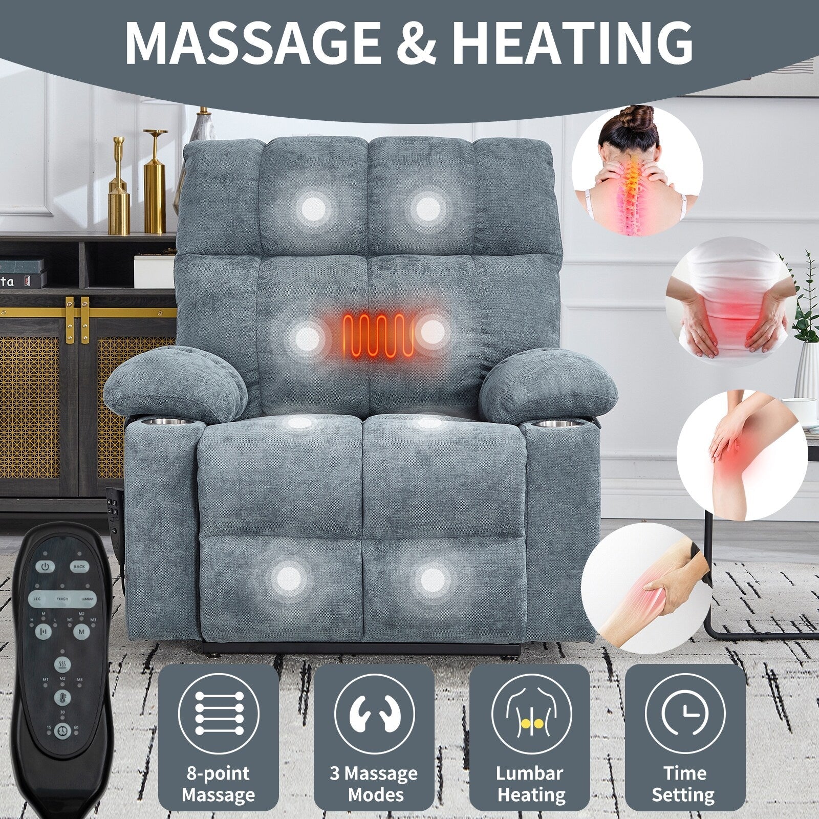 Fauteuil inclinable électrique à double moteur, position infinie, mécanisme de mouvement robuste avec massage et chauffage, deux porte-gobelets