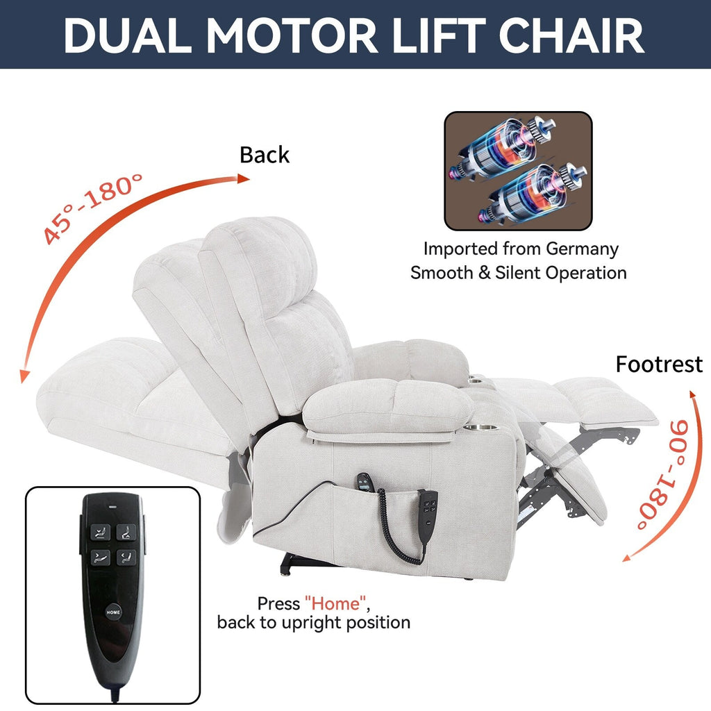 Fauteuil inclinable électrique à double moteur, position infinie, mécanisme de mouvement robuste avec massage et chauffage, deux porte-gobelets