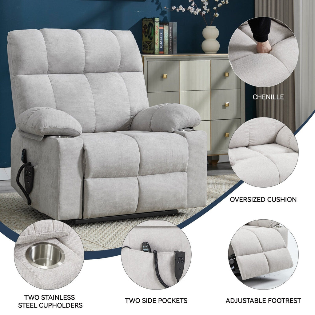 Fauteuil inclinable électrique à double moteur, position infinie, mécanisme de mouvement robuste avec massage et chauffage, deux porte-gobelets