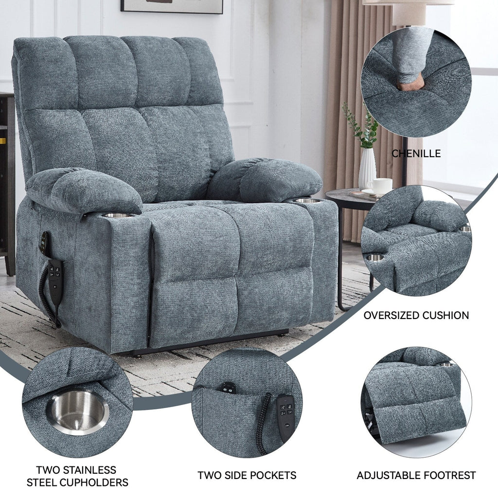 Fauteuil inclinable électrique à double moteur, position infinie, mécanisme de mouvement robuste avec massage et chauffage, deux porte-gobelets