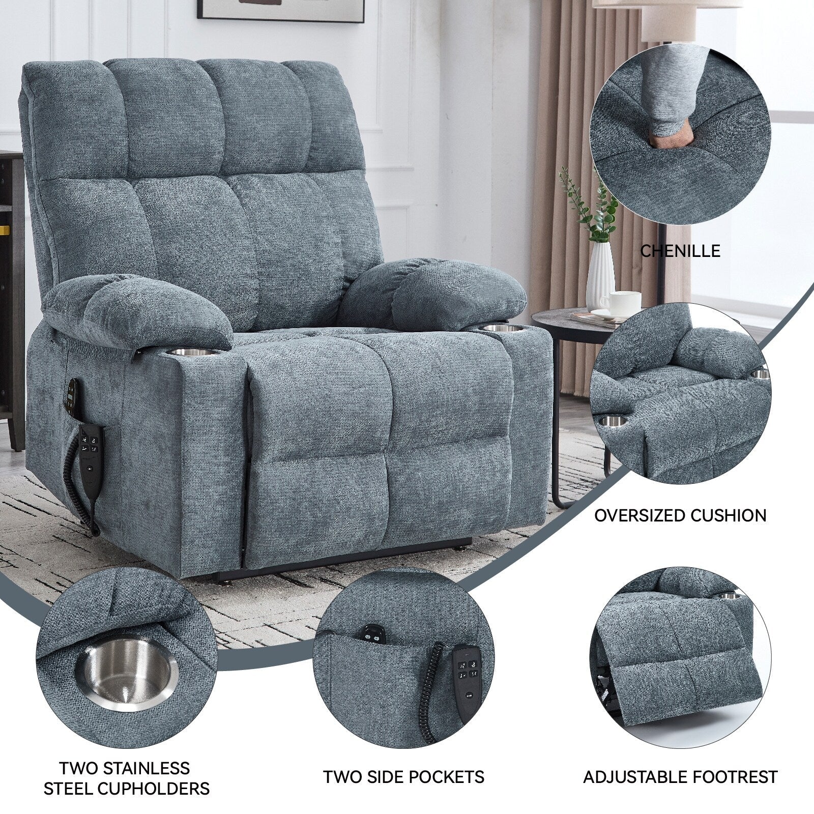 Fauteuil inclinable électrique à double moteur, position infinie, mécanisme de mouvement robuste avec massage et chauffage, deux porte-gobelets