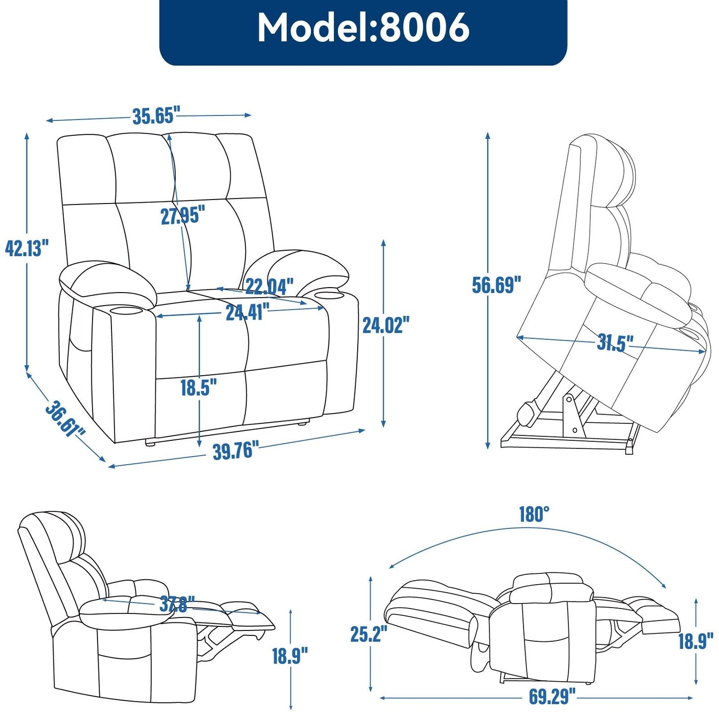 Fauteuil inclinable électrique à double moteur, position infinie, mécanisme de mouvement robuste avec massage et chauffage, deux porte-gobelets