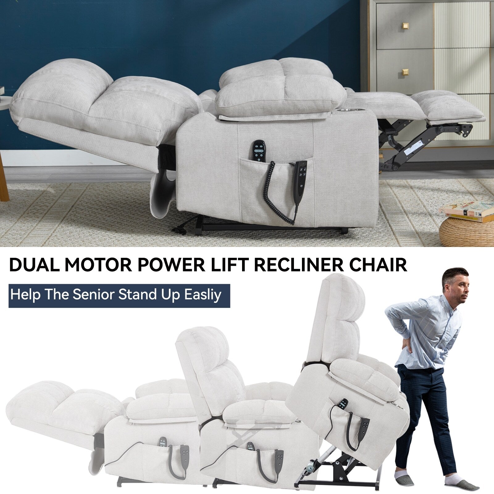 Fauteuil inclinable électrique à double moteur, position infinie, mécanisme de mouvement robuste avec massage et chauffage, deux porte-gobelets