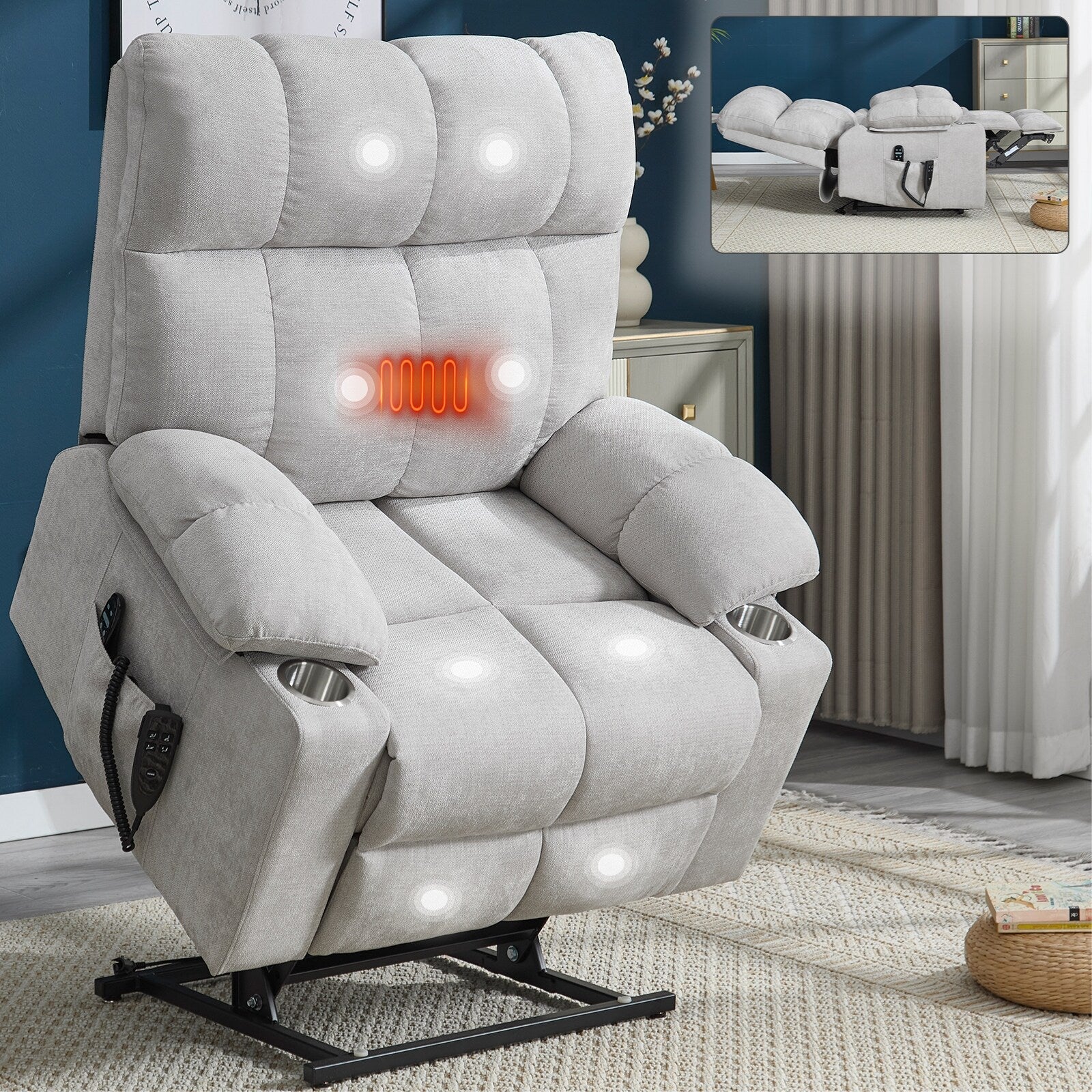Fauteuil inclinable électrique à double moteur, position infinie, mécanisme de mouvement robuste avec massage et chauffage, deux porte-gobelets