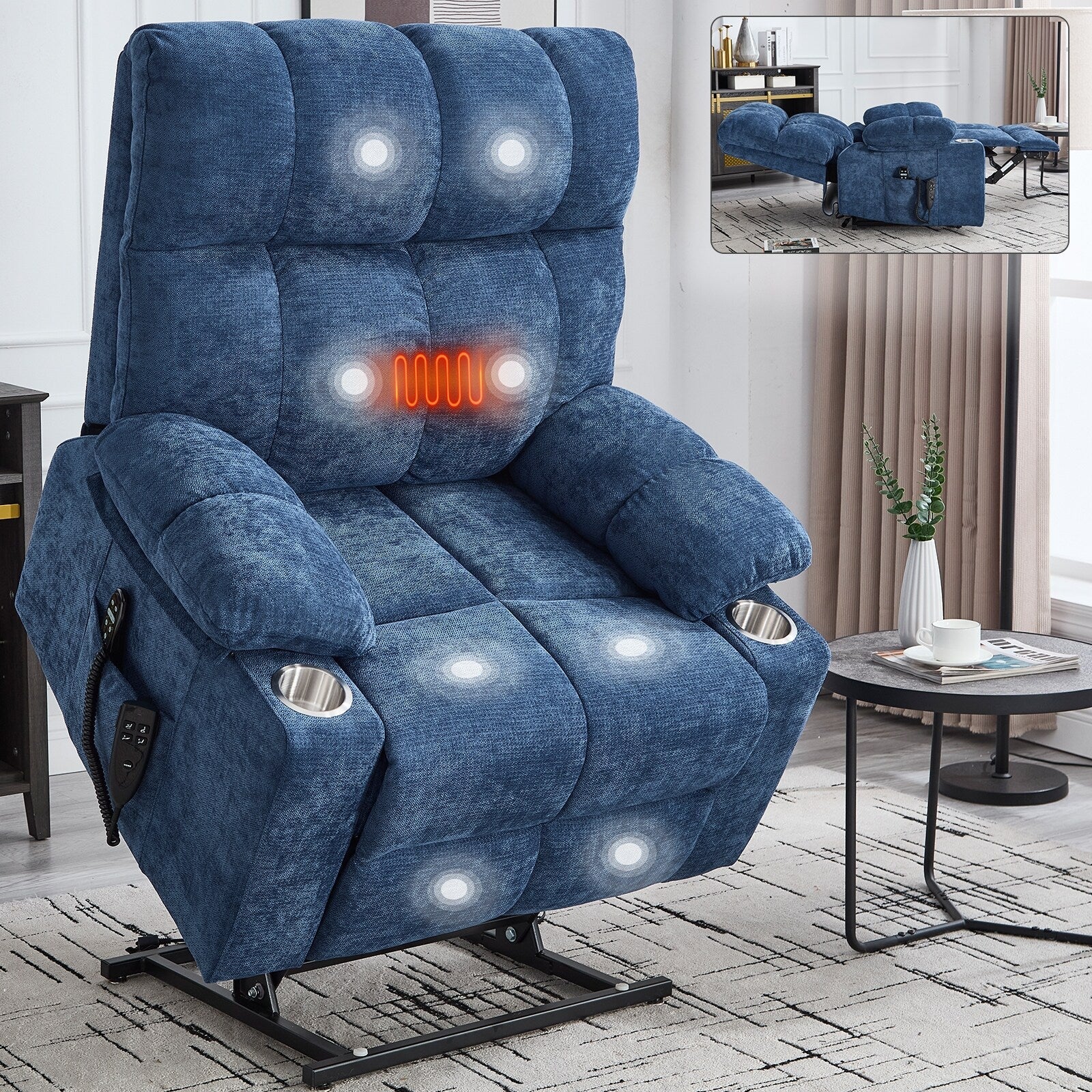 Fauteuil inclinable électrique à double moteur, position infinie, mécanisme de mouvement robuste avec massage et chauffage, deux porte-gobelets