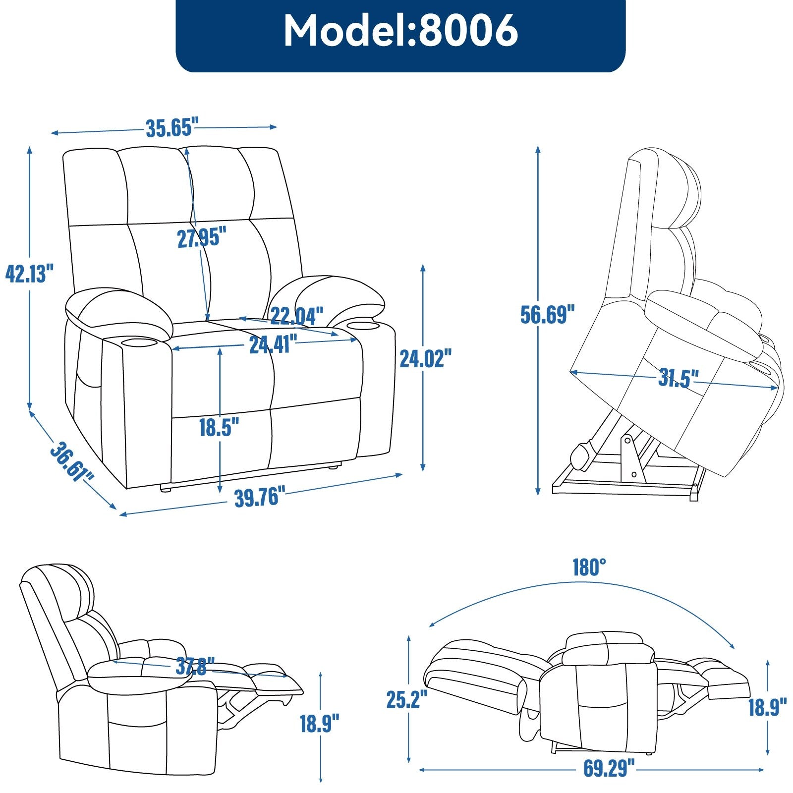 Fauteuil inclinable électrique à double moteur, position infinie, mécanisme de mouvement robuste avec massage et chauffage, deux porte-gobelets