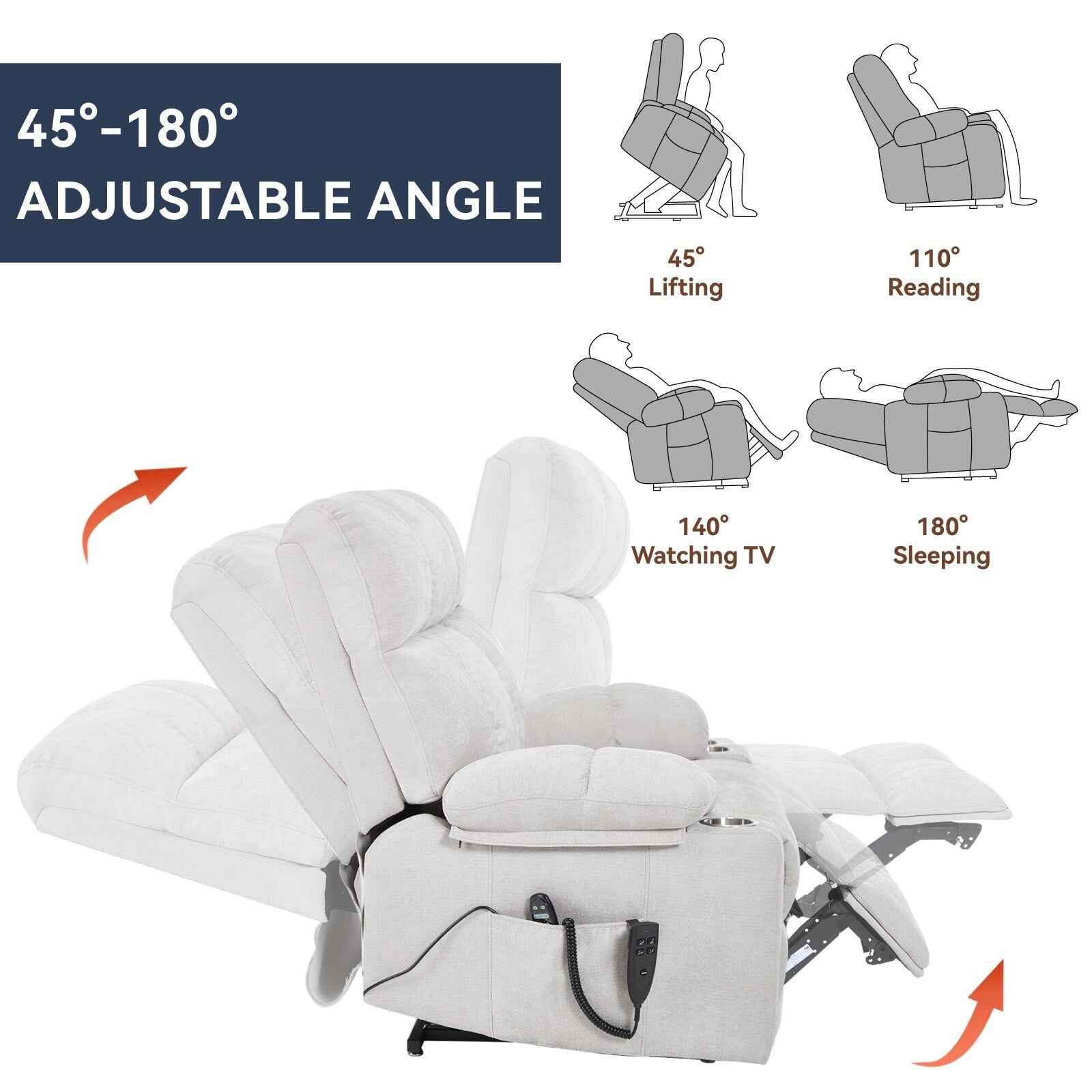 Fauteuil inclinable électrique à double moteur, position infinie, mécanisme de mouvement robuste avec massage et chauffage, deux porte-gobelets