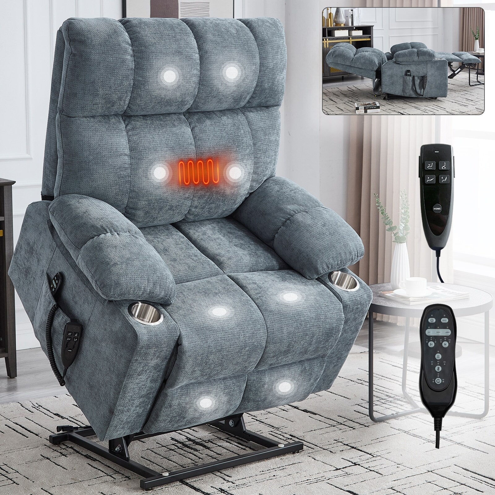 Fauteuil inclinable électrique à double moteur, position infinie, mécanisme de mouvement robuste avec massage et chauffage, deux porte-gobelets