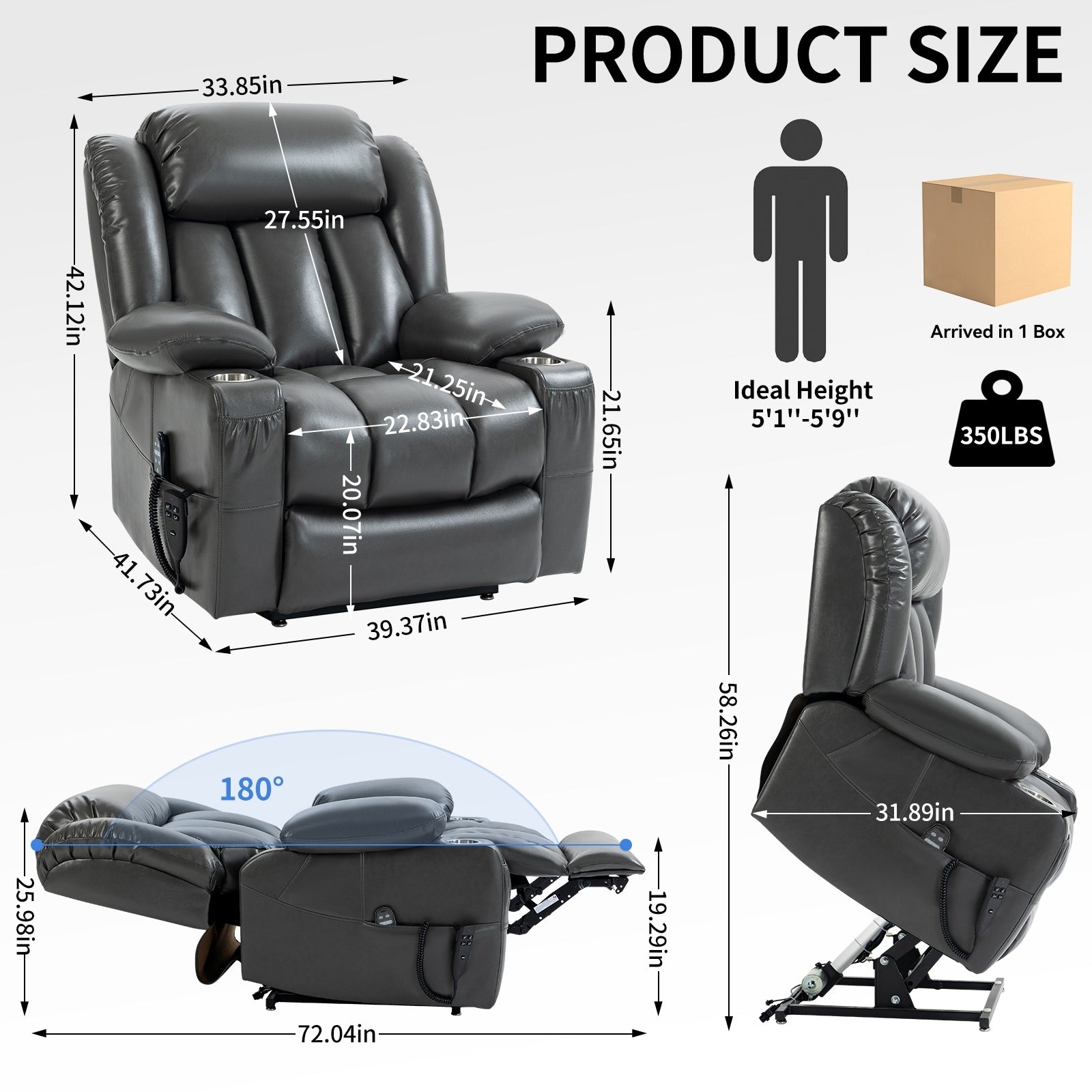 Fauteuil inclinable électrique à double moteur, position infinie, mécanisme de mouvement robuste avec massage et chauffage lombaire, porte-gobelets