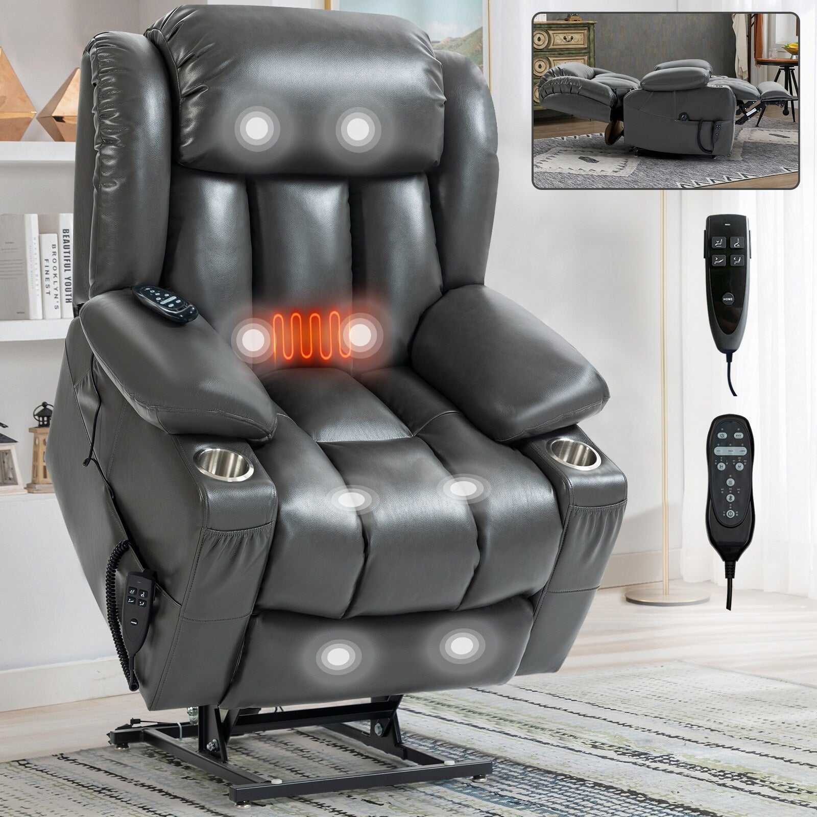 Fauteuil inclinable électrique à double moteur, position infinie, mécanisme de mouvement robuste avec massage et chauffage lombaire, porte-gobelets