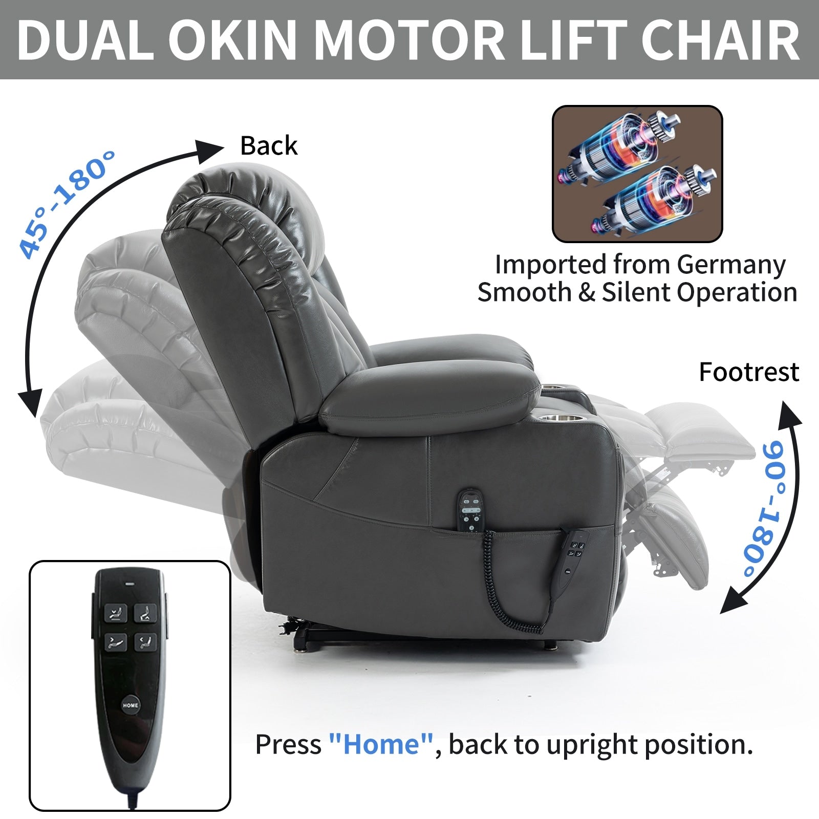 Fauteuil inclinable électrique à double moteur, position infinie, mécanisme de mouvement robuste avec massage et chauffage lombaire, porte-gobelets