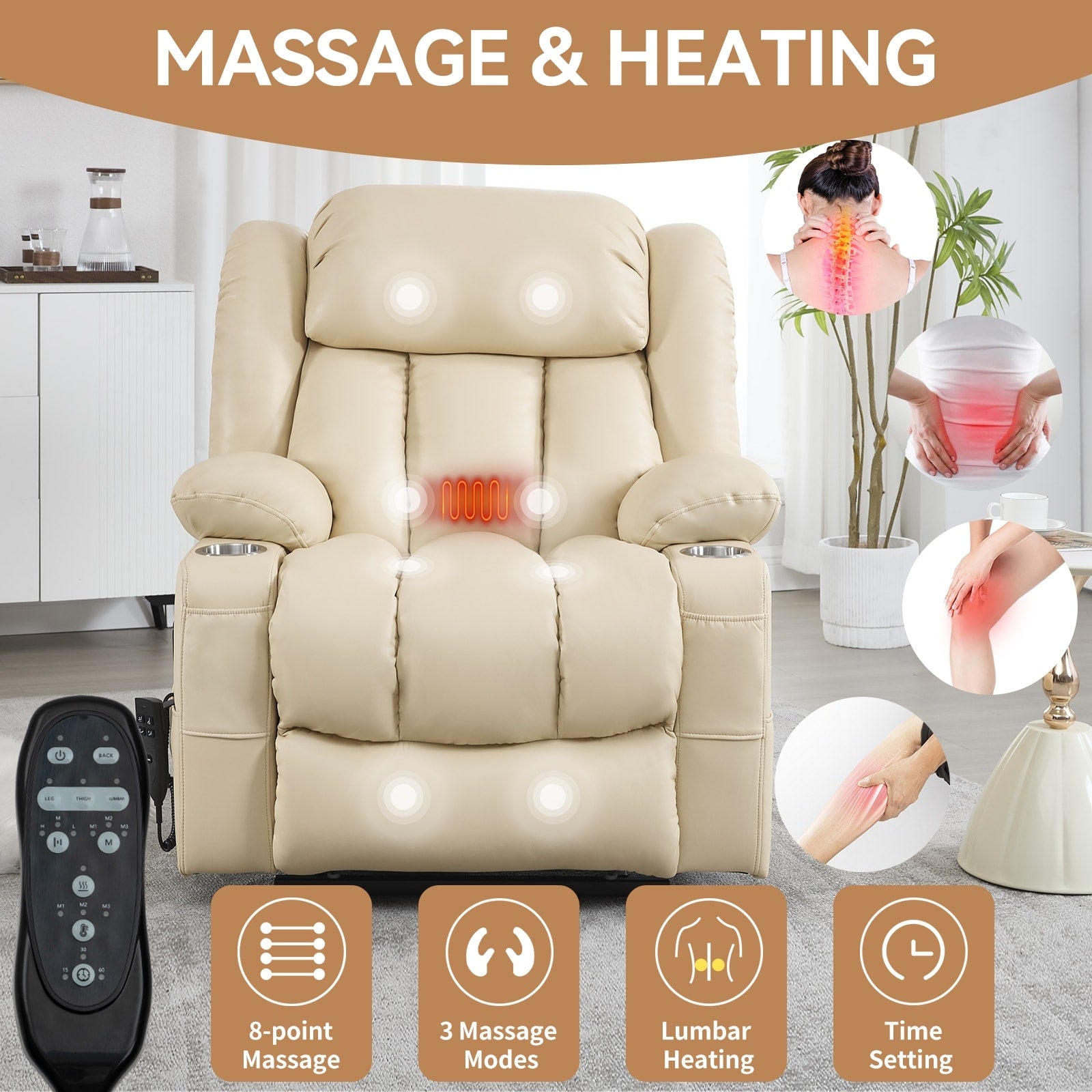 Fauteuil inclinable électrique à double moteur, position infinie, mécanisme de mouvement robuste avec massage et chauffage lombaire, porte-gobelets