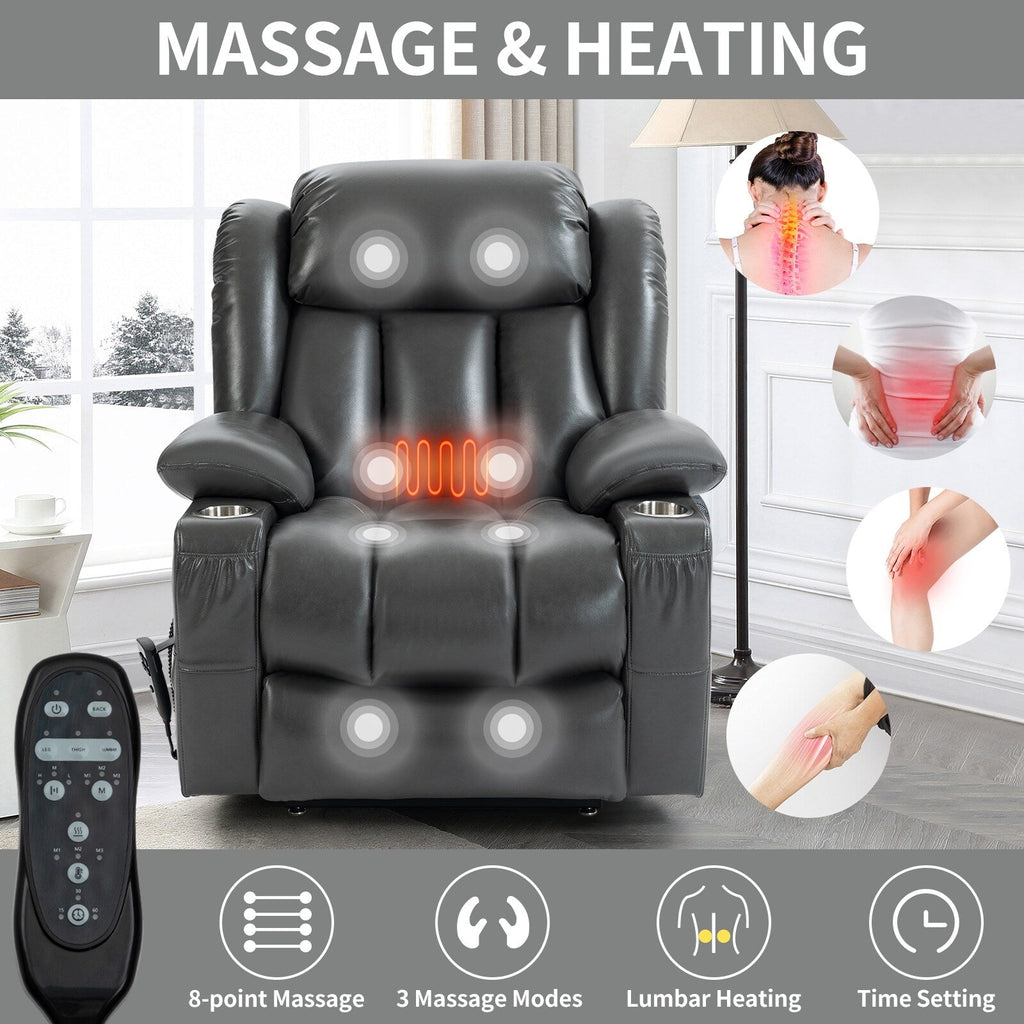 Fauteuil inclinable électrique à double moteur, position infinie, mécanisme de mouvement robuste avec massage et chauffage lombaire, porte-gobelets