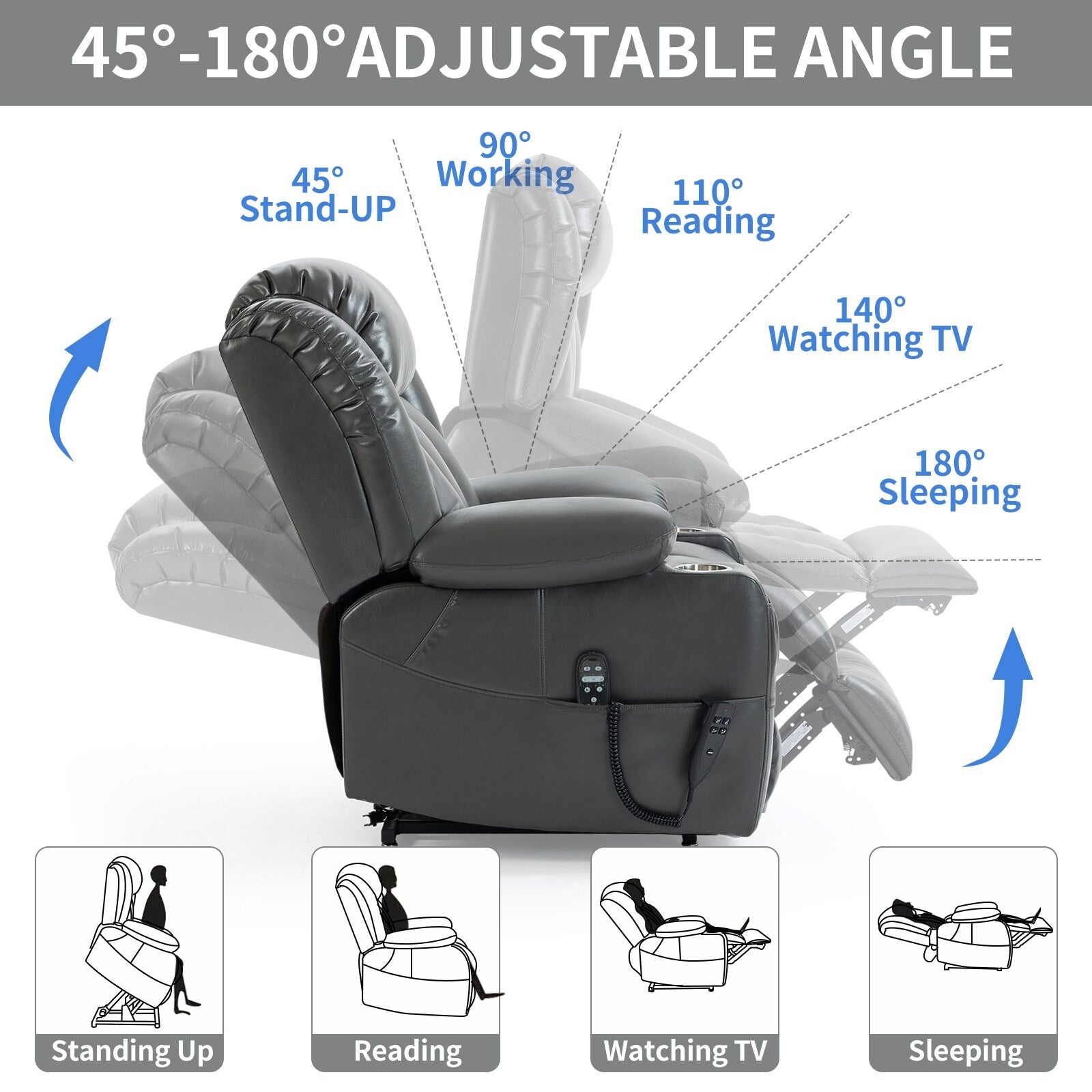 Fauteuil inclinable électrique à double moteur, position infinie, mécanisme de mouvement robuste avec massage et chauffage lombaire, porte-gobelets