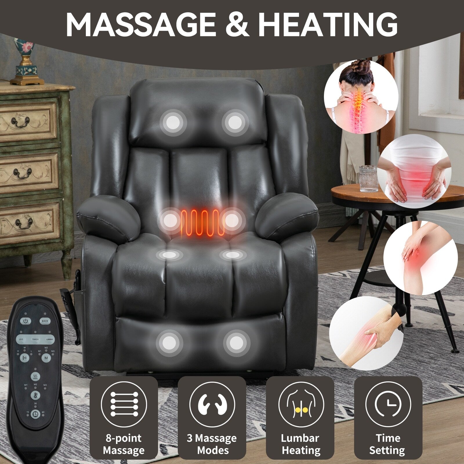 Fauteuil inclinable électrique à double moteur, position infinie, avec massage par vibration à 8 points et chauffage lombaire