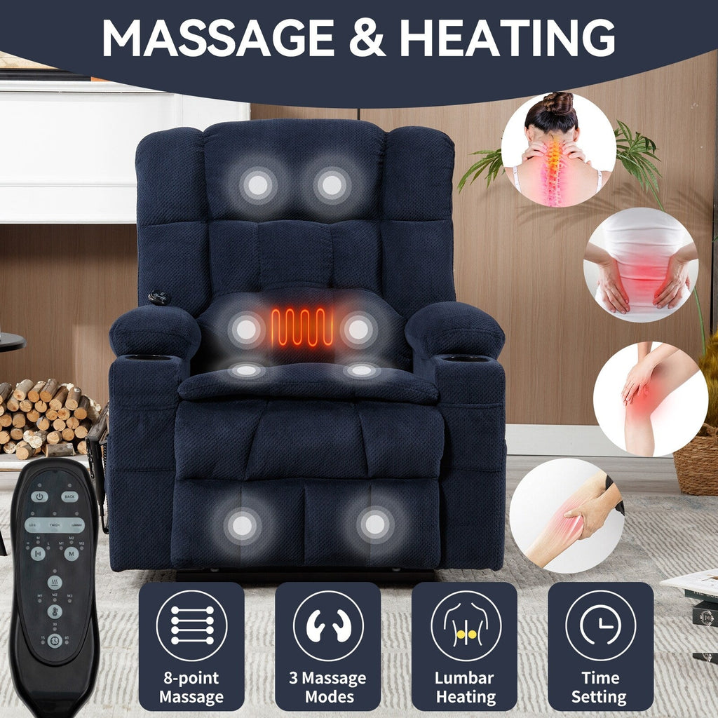 Fauteuil inclinable électrique à double moteur et position infinie, mécanisme de mouvement robuste avec chauffage lombaire, porte-gobelets et poches latérales