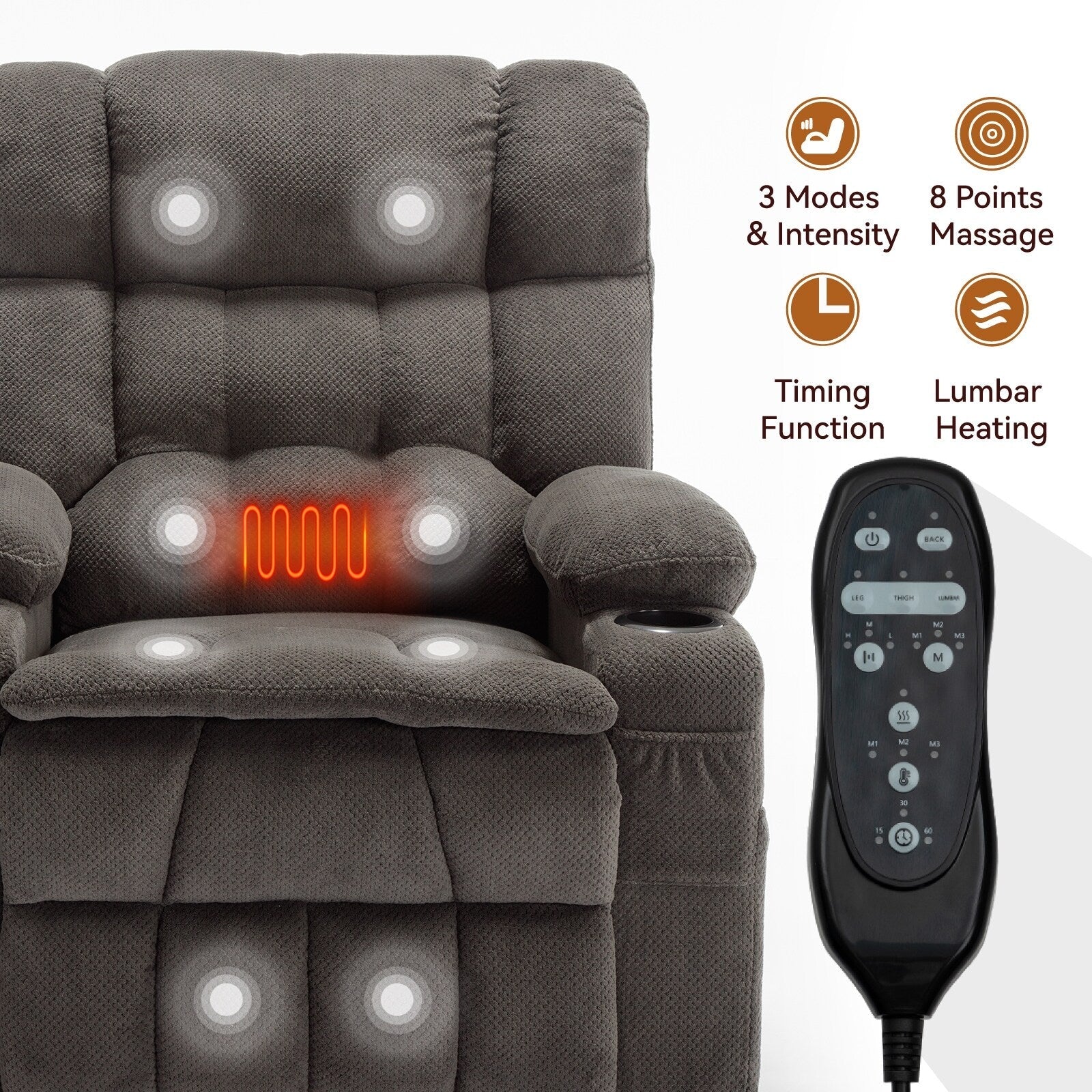 Fauteuil inclinable électrique à double moteur et position infinie, mécanisme de mouvement robuste avec chauffage lombaire, porte-gobelets et poches latérales