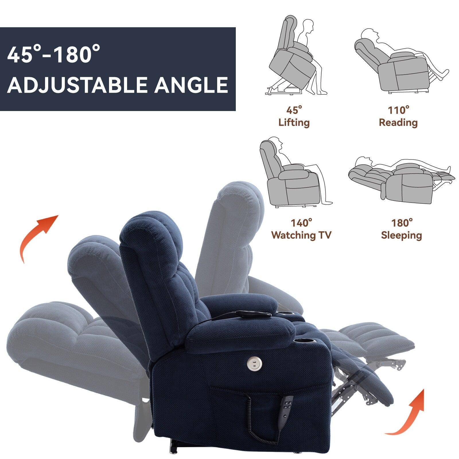 Fauteuil inclinable électrique à double moteur et position infinie, mécanisme de mouvement robuste avec chauffage lombaire, porte-gobelets et poches latérales