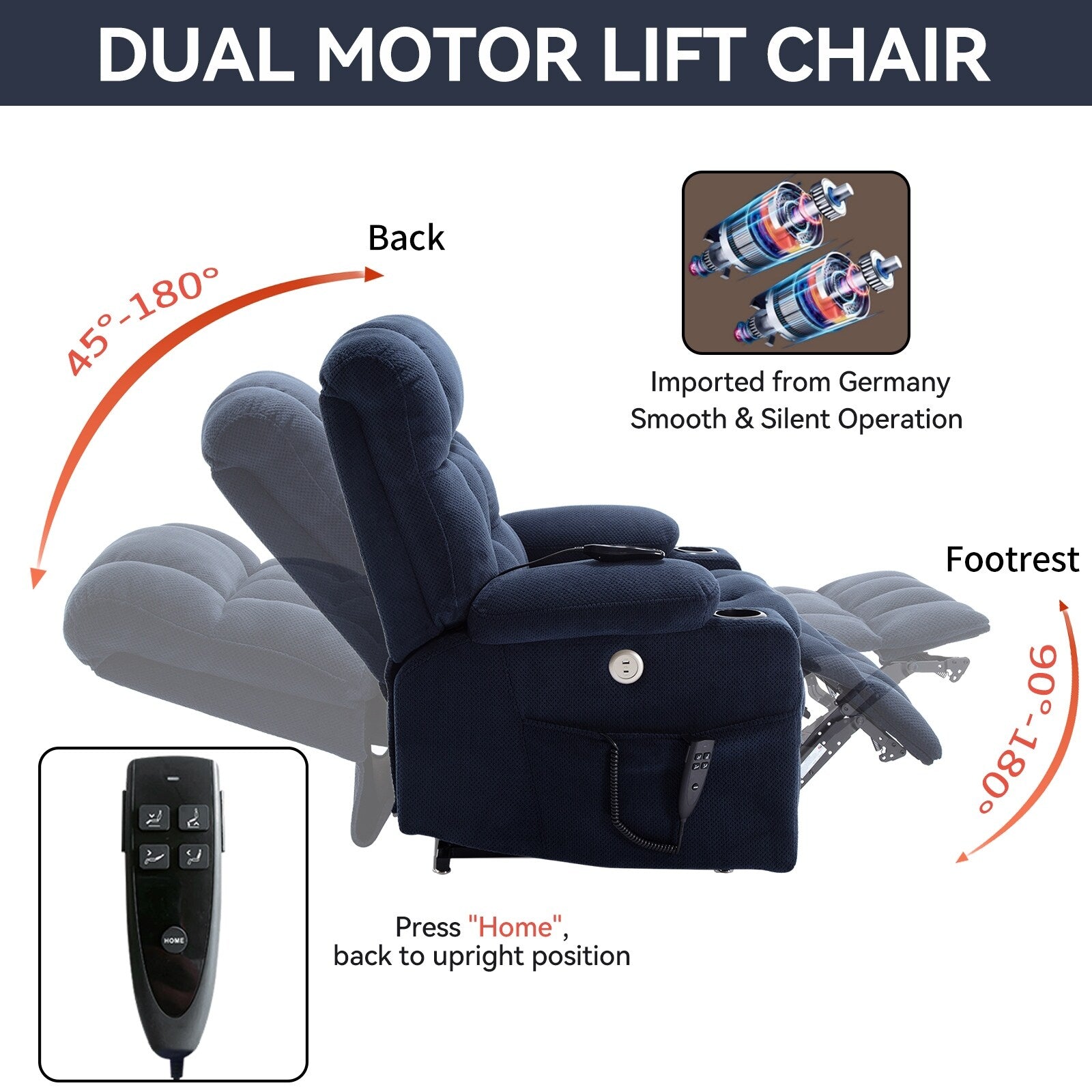 Fauteuil inclinable électrique à double moteur et position infinie, mécanisme de mouvement robuste avec chauffage lombaire, porte-gobelets et poches latérales