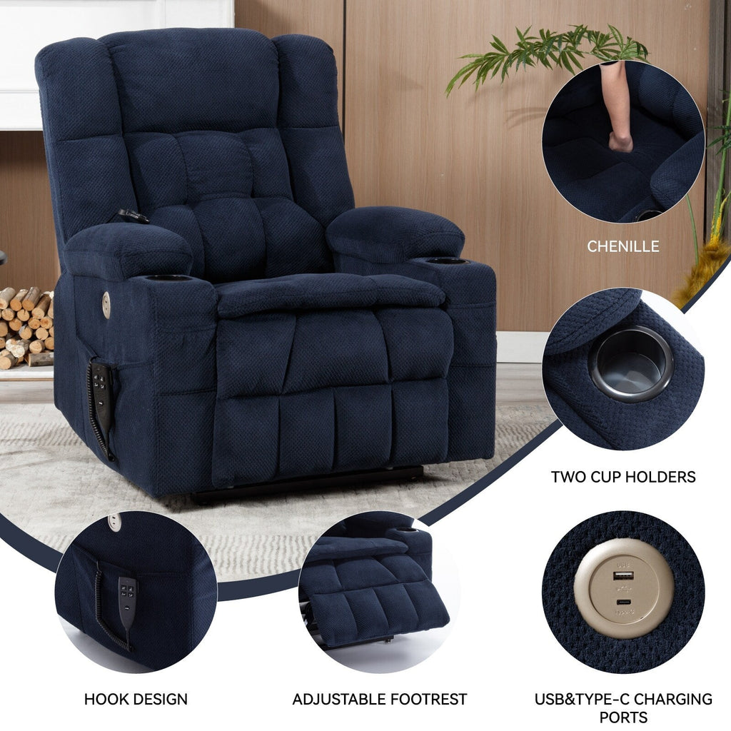 Fauteuil inclinable électrique à double moteur et position infinie, mécanisme de mouvement robuste avec chauffage lombaire, porte-gobelets et poches latérales