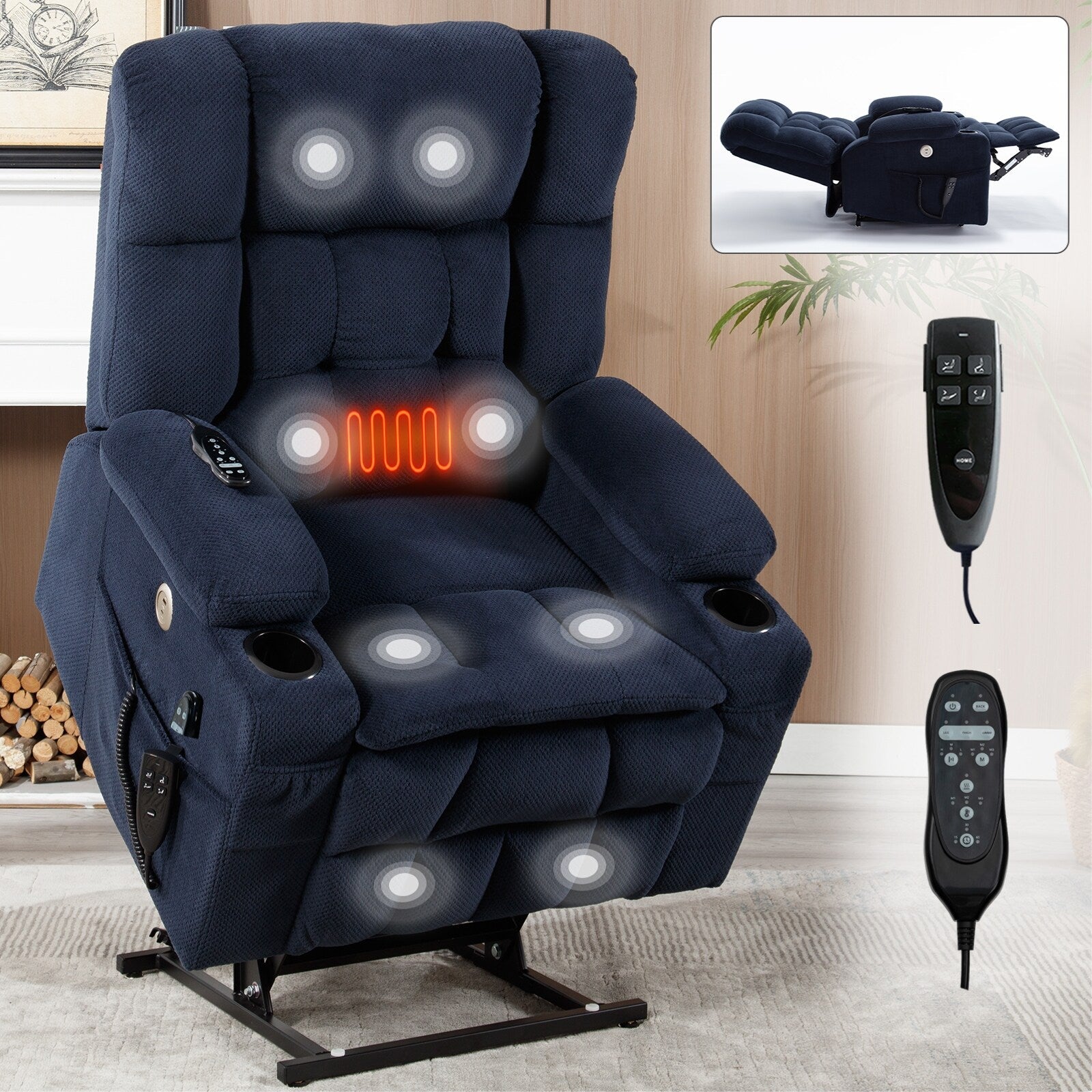Fauteuil inclinable électrique à double moteur et position infinie, mécanisme de mouvement robuste avec chauffage lombaire, porte-gobelets et poches latérales