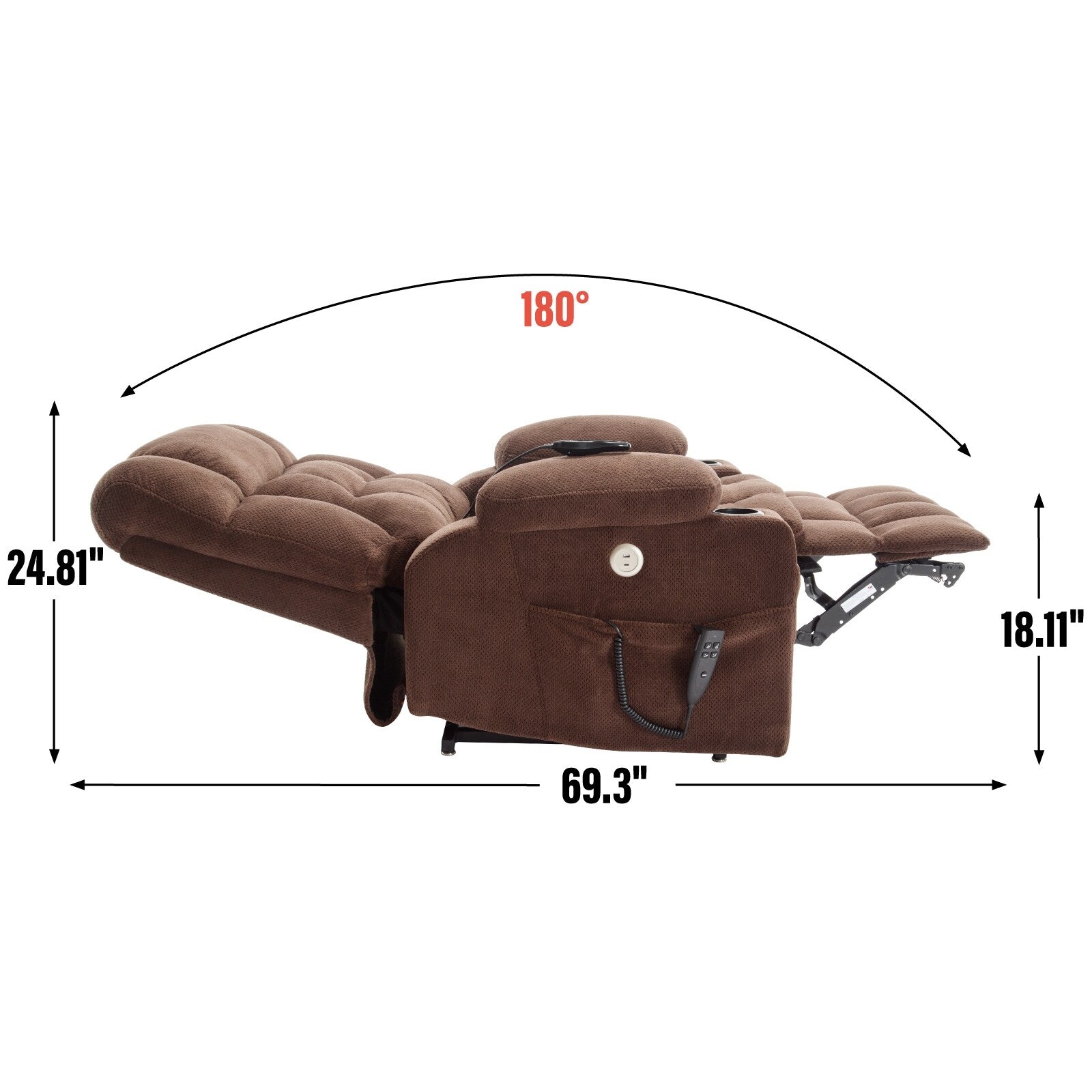 Fauteuil inclinable électrique à double moteur et position infinie, mécanisme de mouvement robuste avec chauffage lombaire, porte-gobelets et poches latérales
