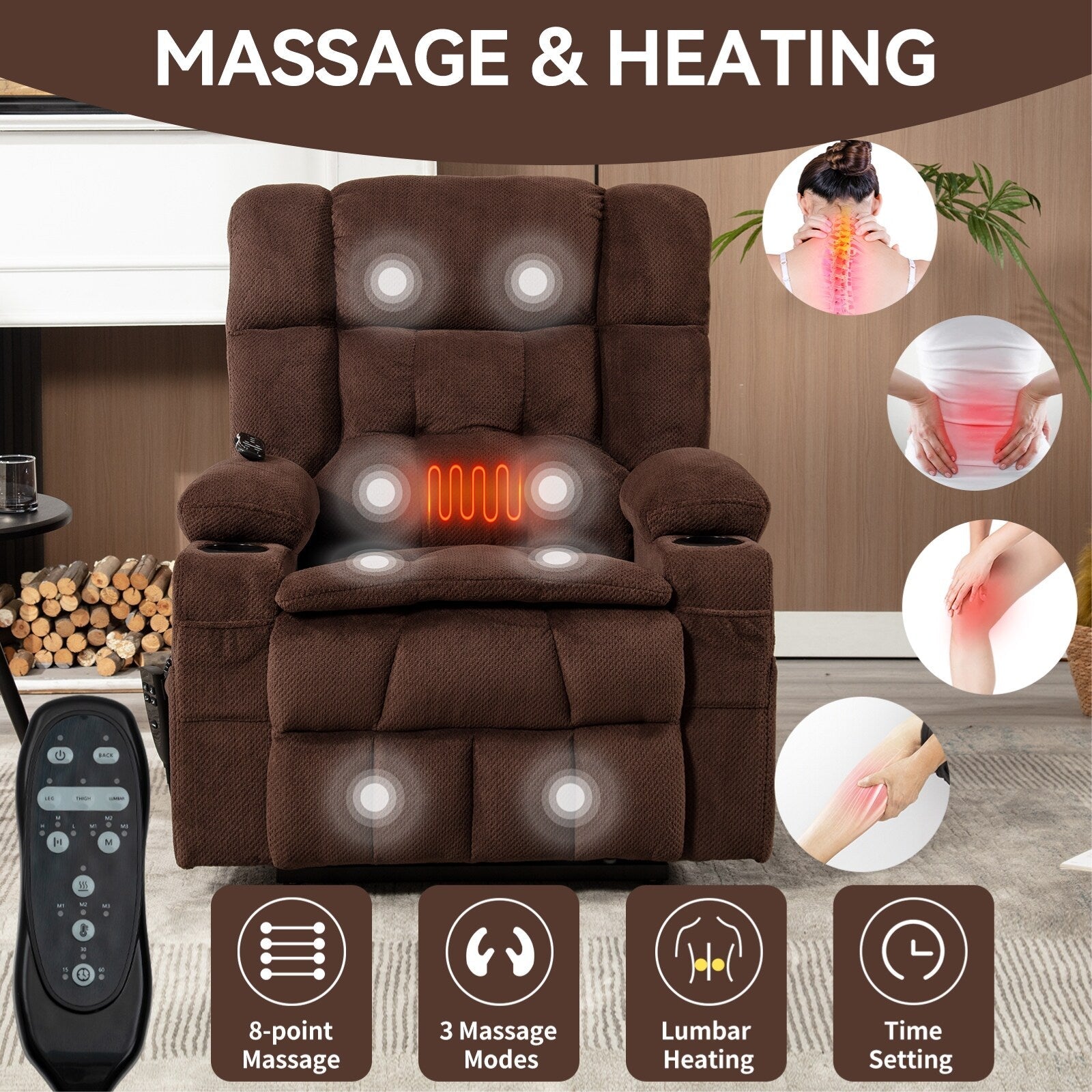 Fauteuil inclinable électrique à double moteur et position infinie, mécanisme de mouvement robuste avec chauffage lombaire, porte-gobelets et poches latérales