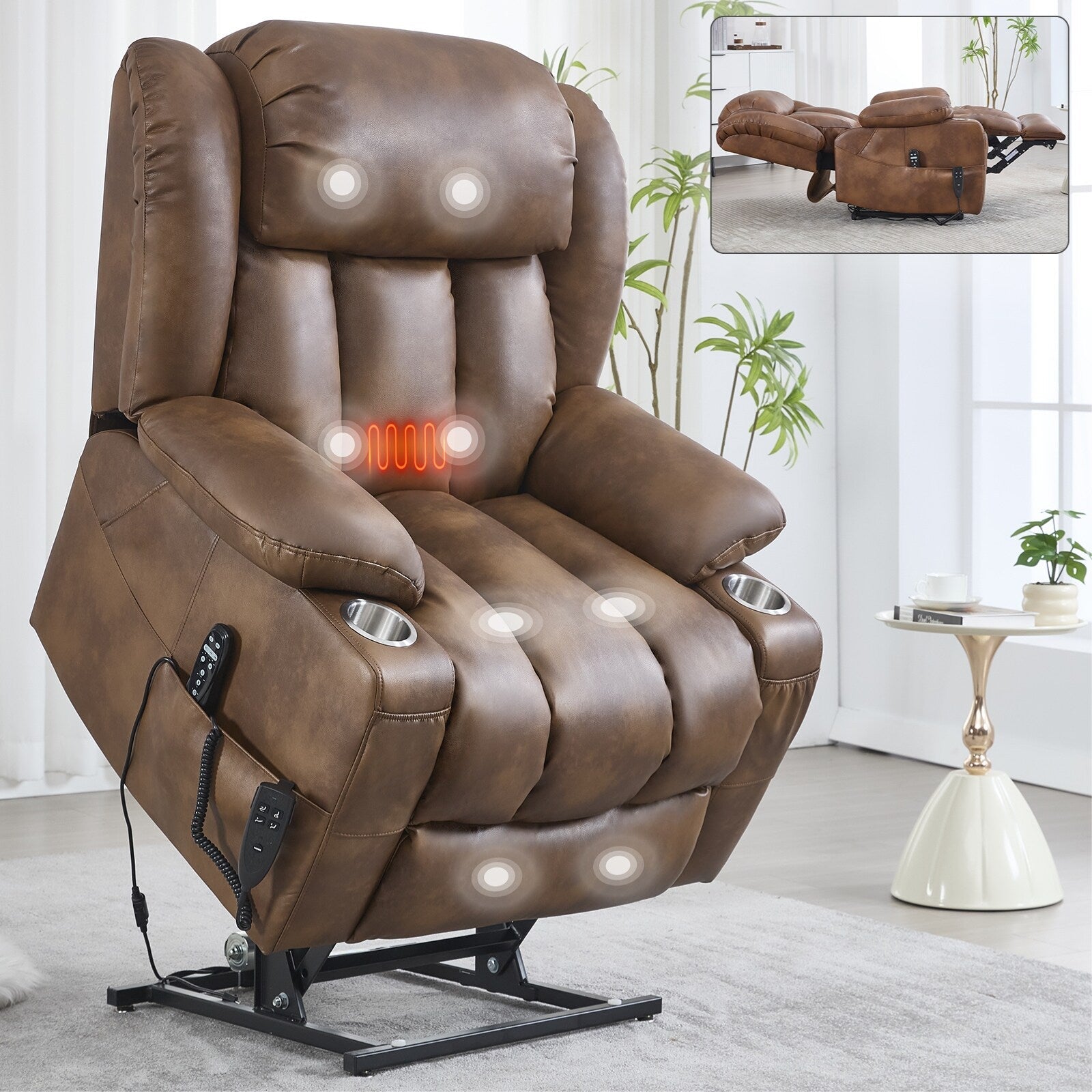 Fauteuil inclinable électrique à double moteur, capacité de 158 kg, avec chauffage et massage, marron
