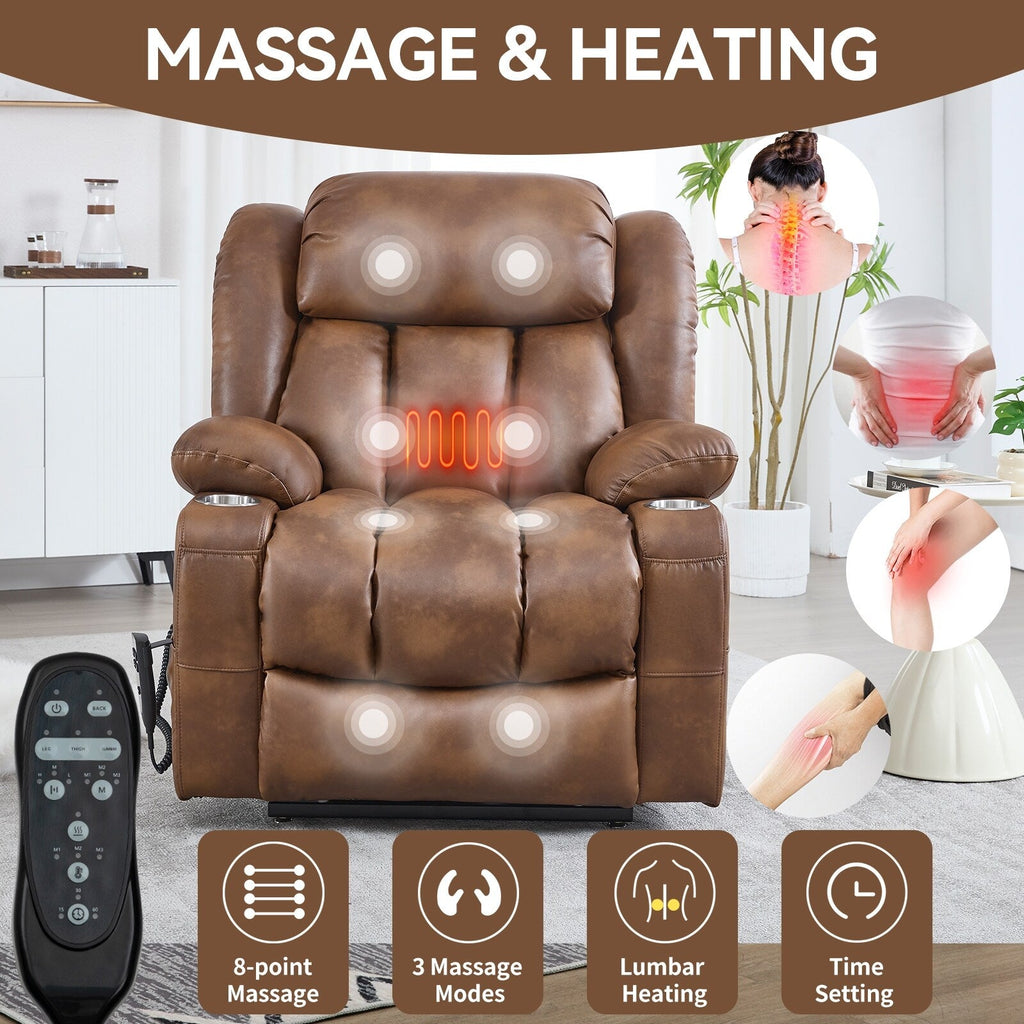 Fauteuil inclinable électrique à double moteur, capacité de 158 kg, avec chauffage et massage, marron