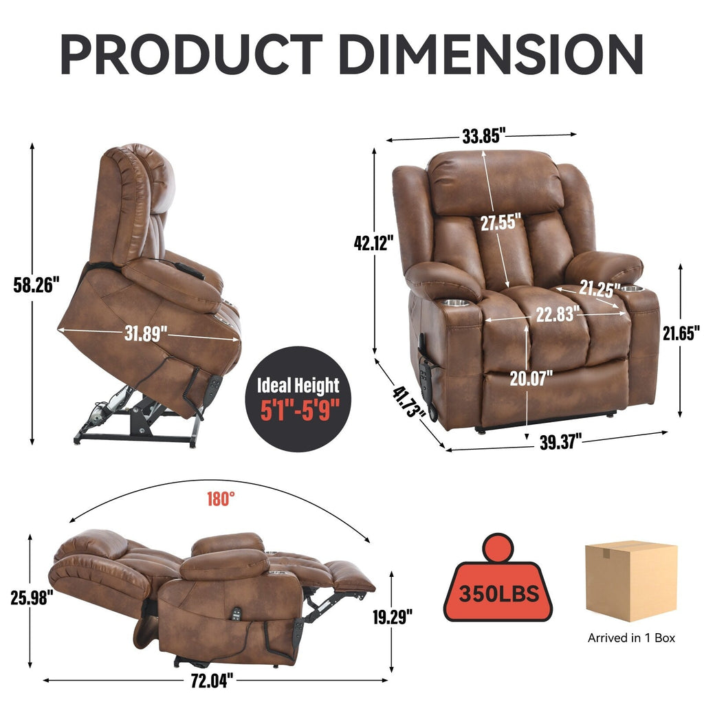 Fauteuil inclinable électrique à double moteur, capacité de 158 kg, avec chauffage et massage, marron