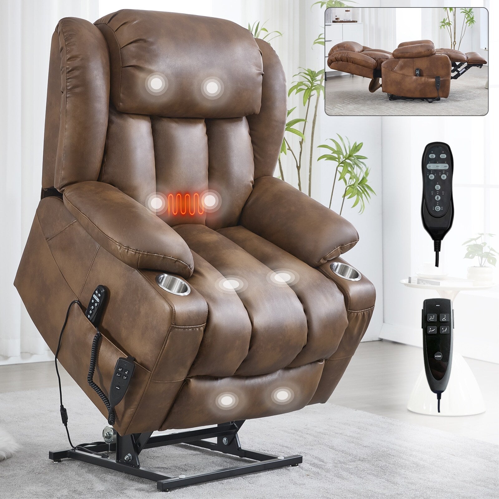Fauteuil inclinable électrique à double moteur, capacité de 158 kg, avec chauffage et massage, marron