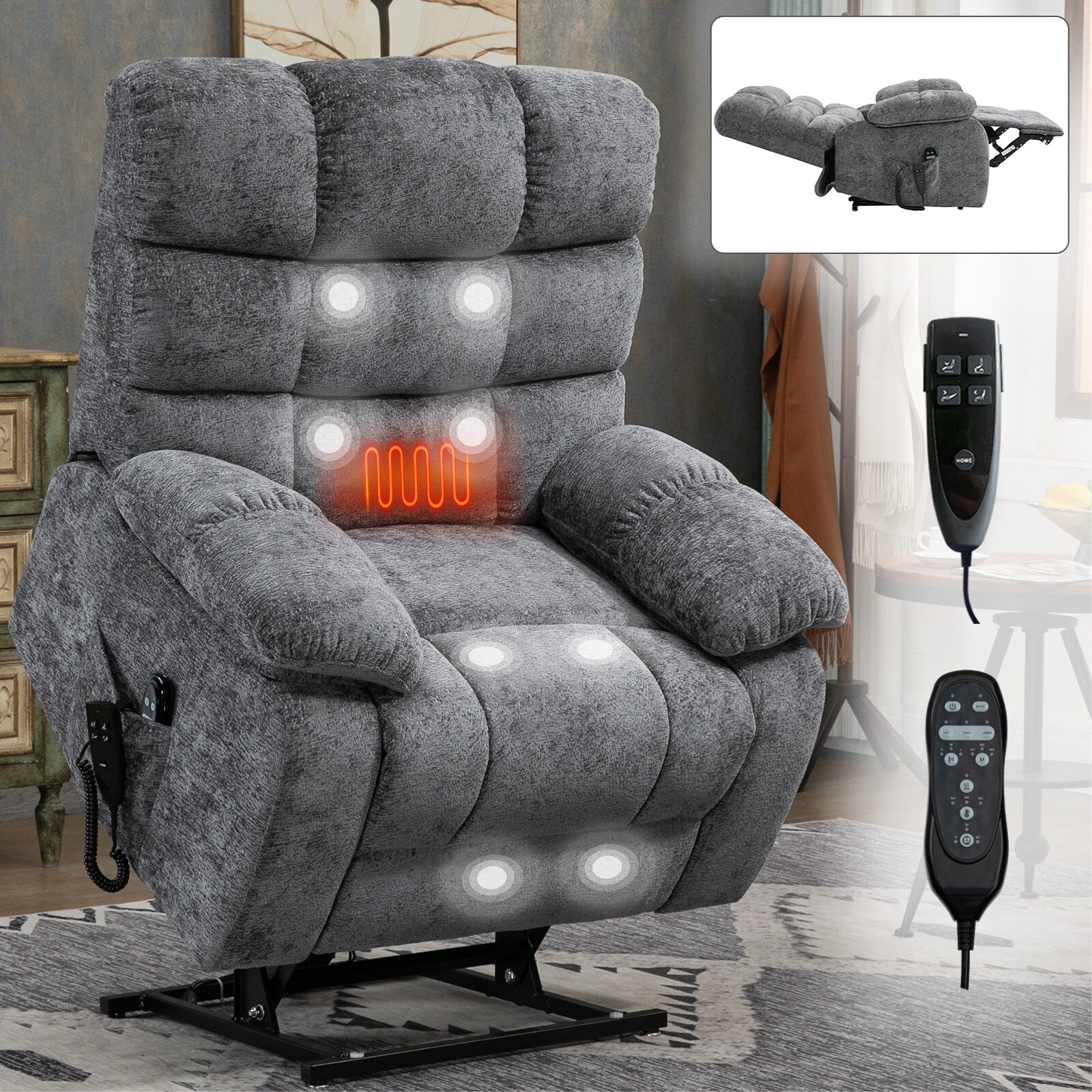 Fauteuil inclinable électrique à double moteur avec chauffage et massage, position infinie et télécommande, capacité jusqu'à 350 lb