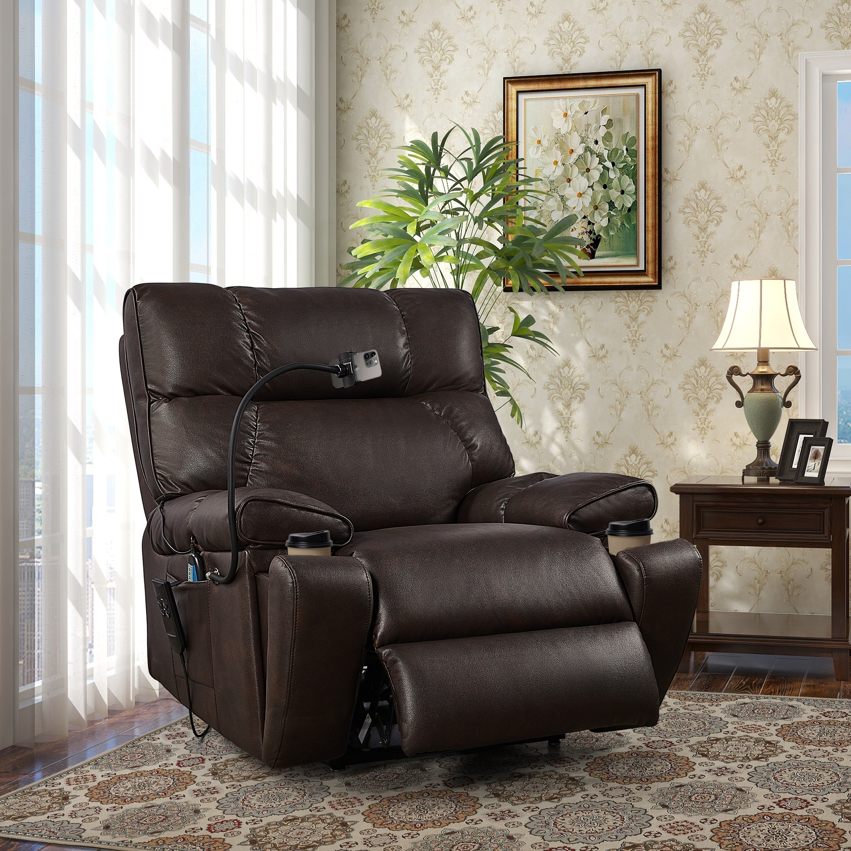 Fauteuil inclinable électrique à double moteur avec massage, chauffage lombaire, poches latérales, support de téléphone réglable et porte-gobelets