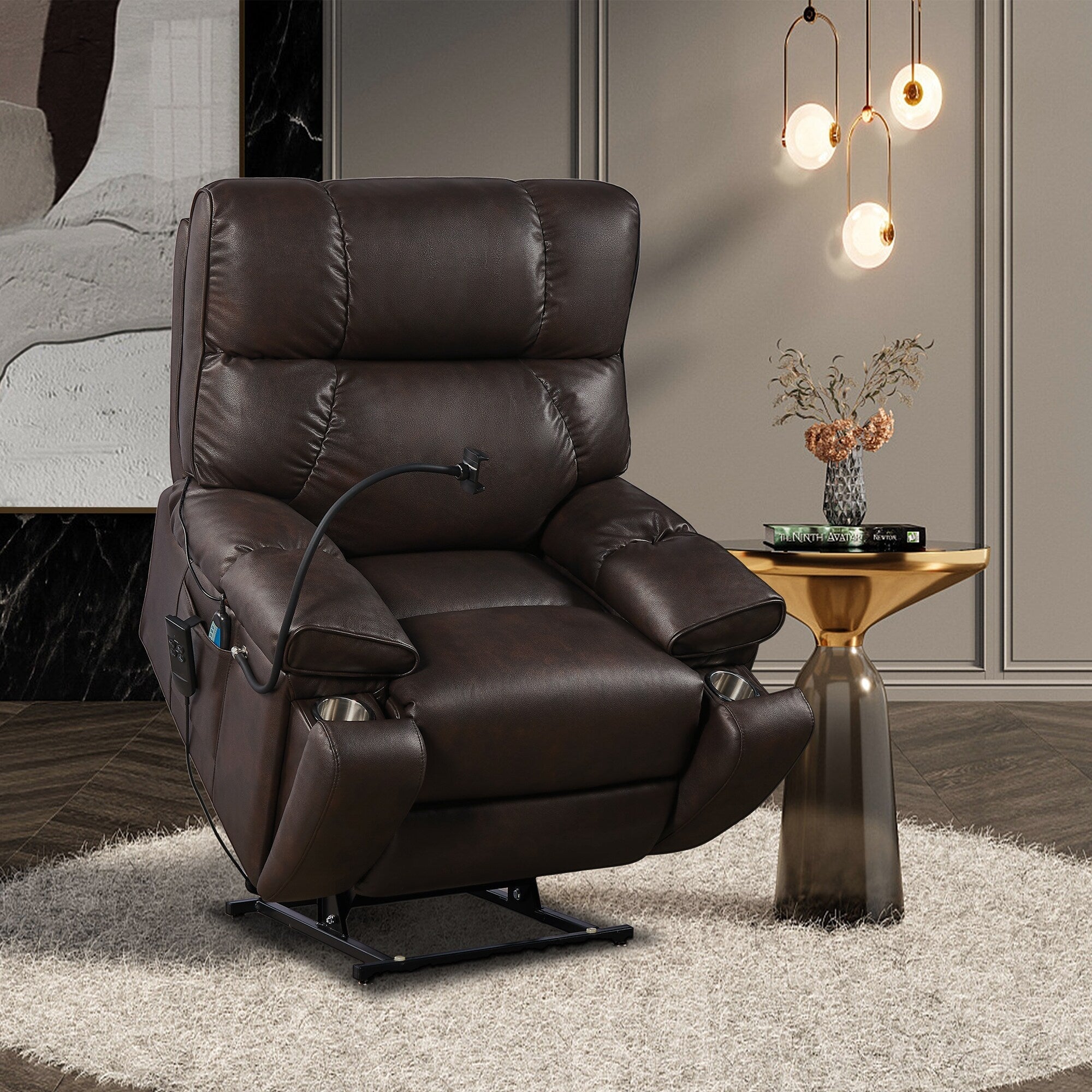 Fauteuil inclinable électrique à double moteur avec massage, chauffage lombaire, poches latérales, support de téléphone réglable et porte-gobelets