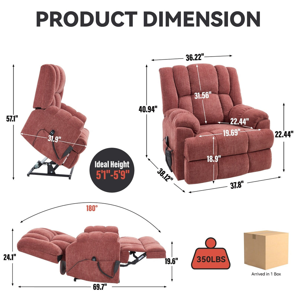 Fauteuil inclinable à double moteur avec relevage électrique et massage thermique, 158 kg, robuste