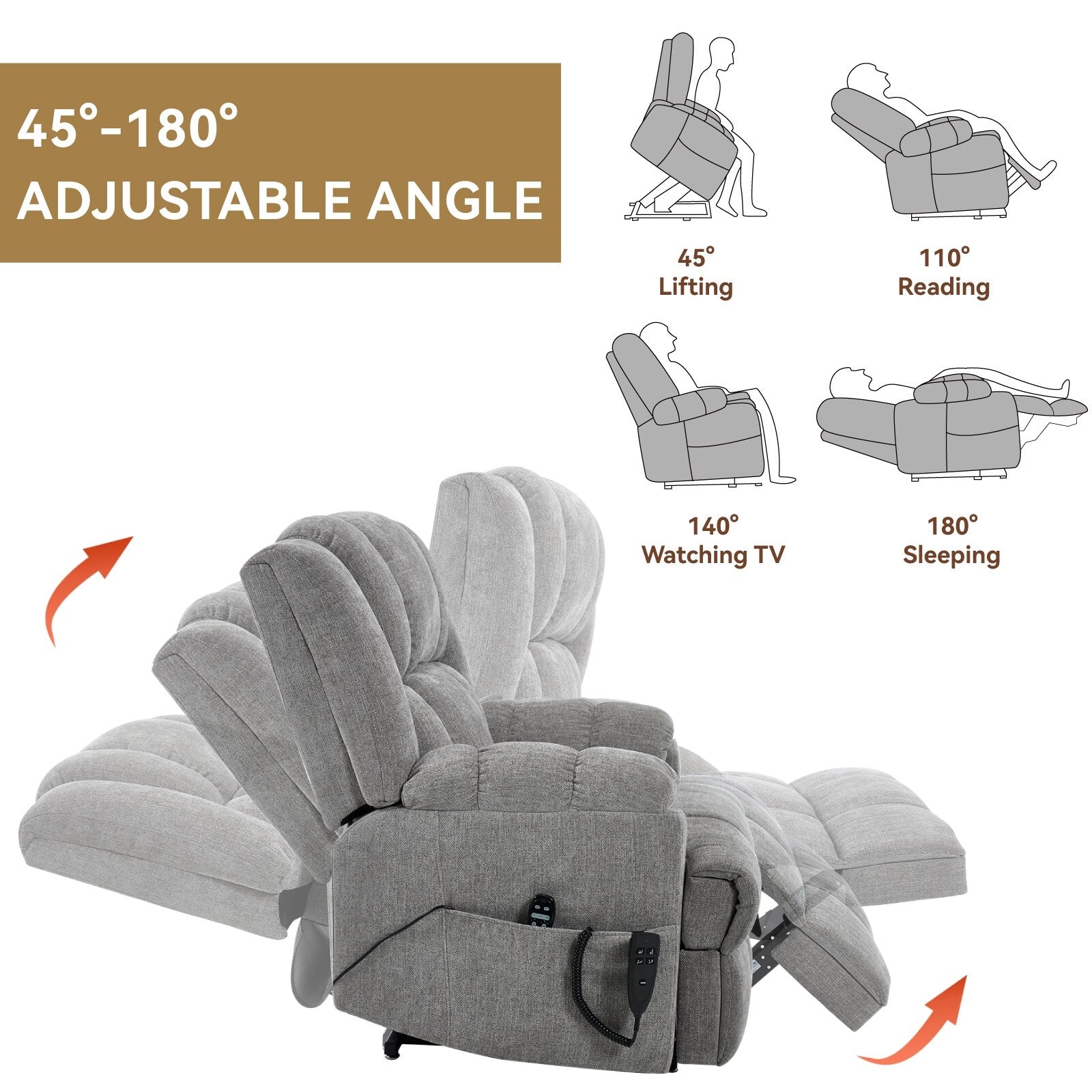Fauteuil inclinable à double moteur avec relevage électrique et massage thermique, 158 kg, robuste