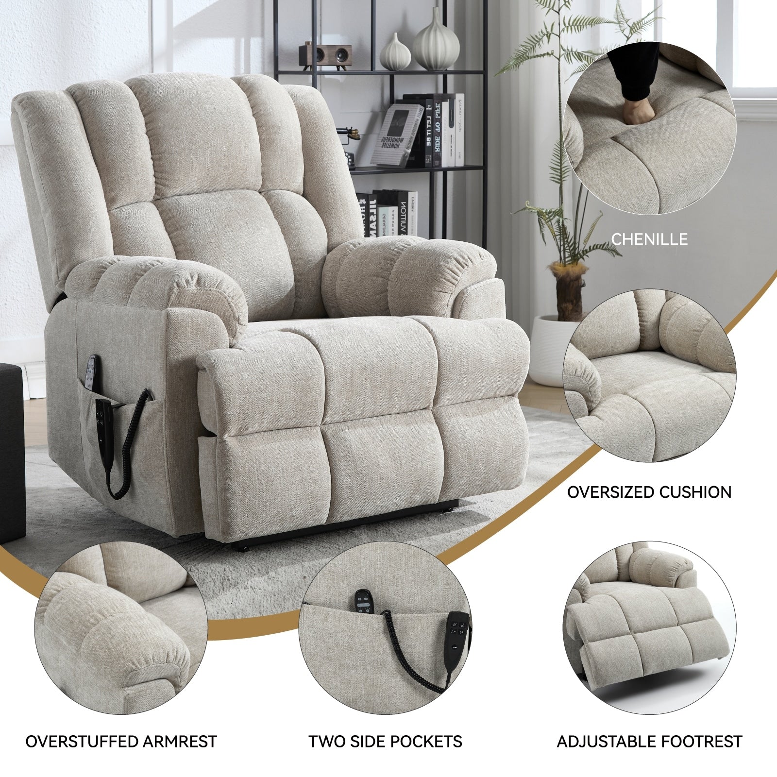 Fauteuil inclinable à double moteur avec relevage électrique et massage thermique, 158 kg, robuste