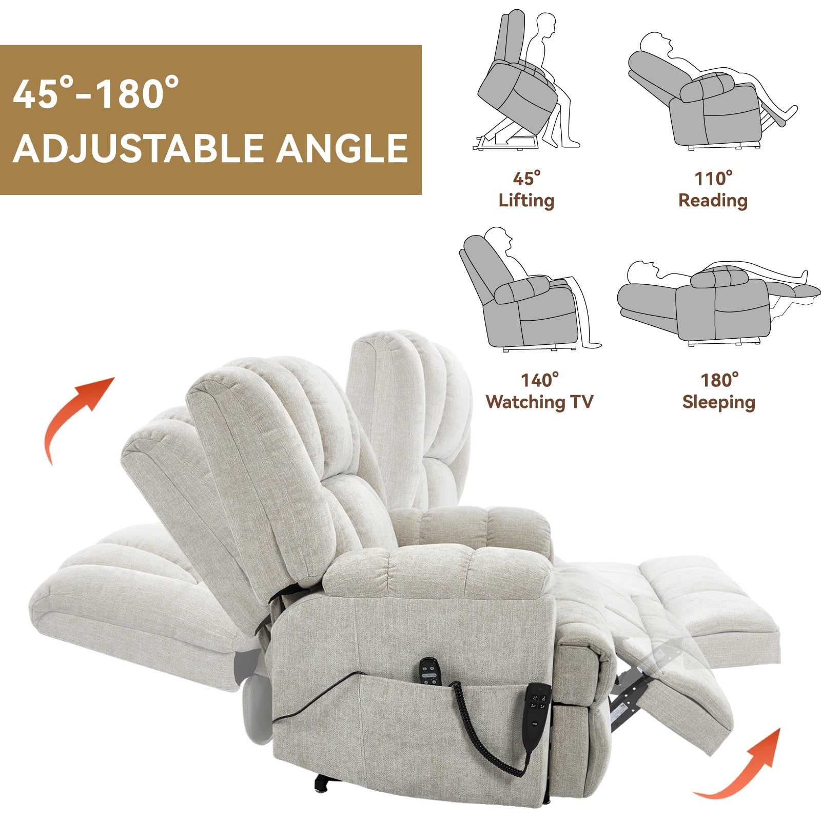 Fauteuil inclinable à double moteur avec relevage électrique et massage thermique, 158 kg, robuste