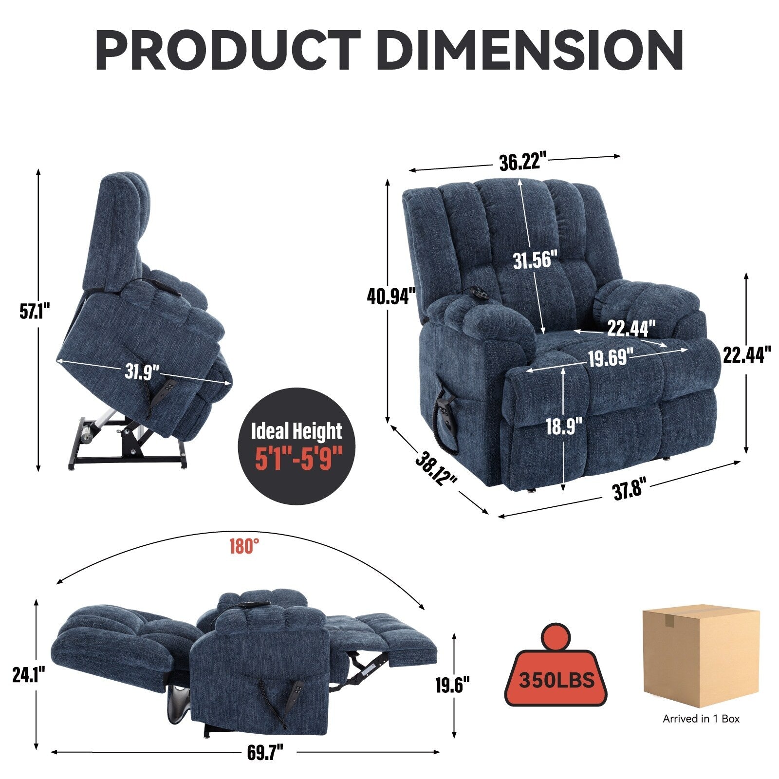 Fauteuil inclinable à double moteur avec relevage électrique et massage thermique, 158 kg, robuste