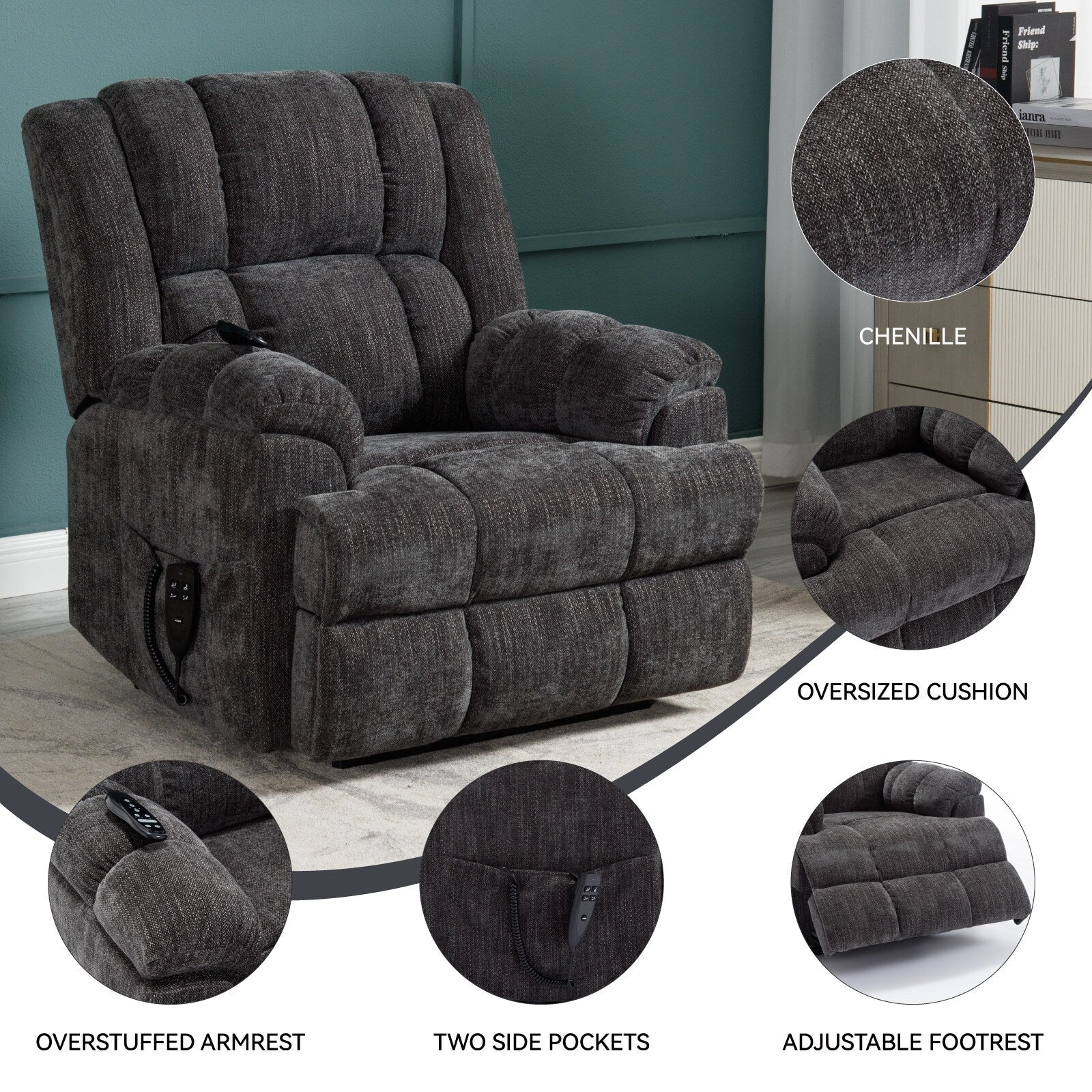 Fauteuil inclinable à double moteur avec relevage électrique et massage thermique, 158 kg, robuste