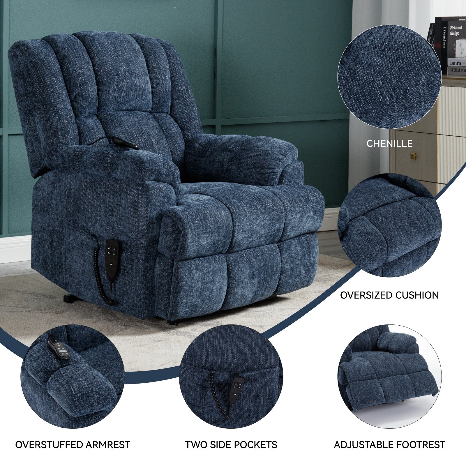 Fauteuil inclinable à double moteur avec relevage électrique et massage thermique, 158 kg, robuste