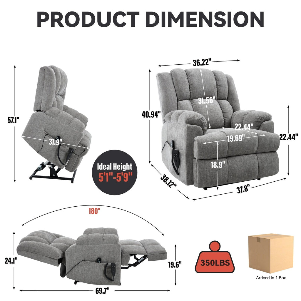 Fauteuil inclinable à double moteur avec relevage électrique et massage thermique, 158 kg, robuste