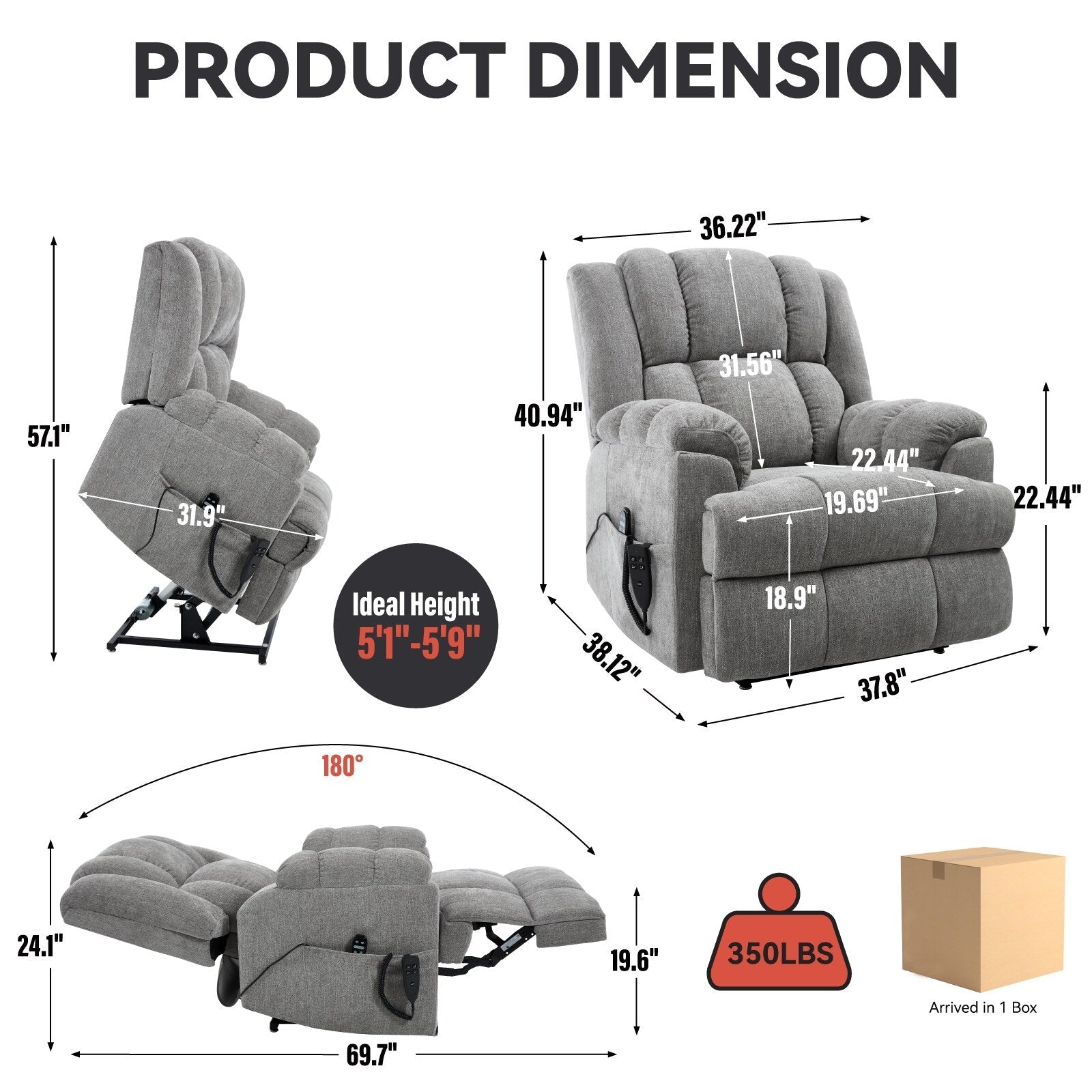 Fauteuil inclinable à double moteur avec relevage électrique et massage thermique, 158 kg, robuste