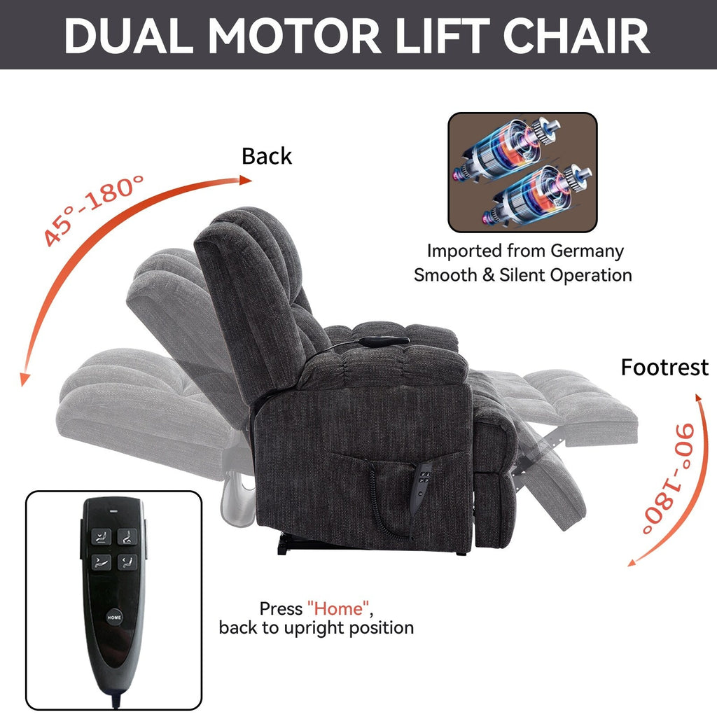 Fauteuil inclinable à double moteur avec relevage électrique et massage thermique, 158 kg, robuste