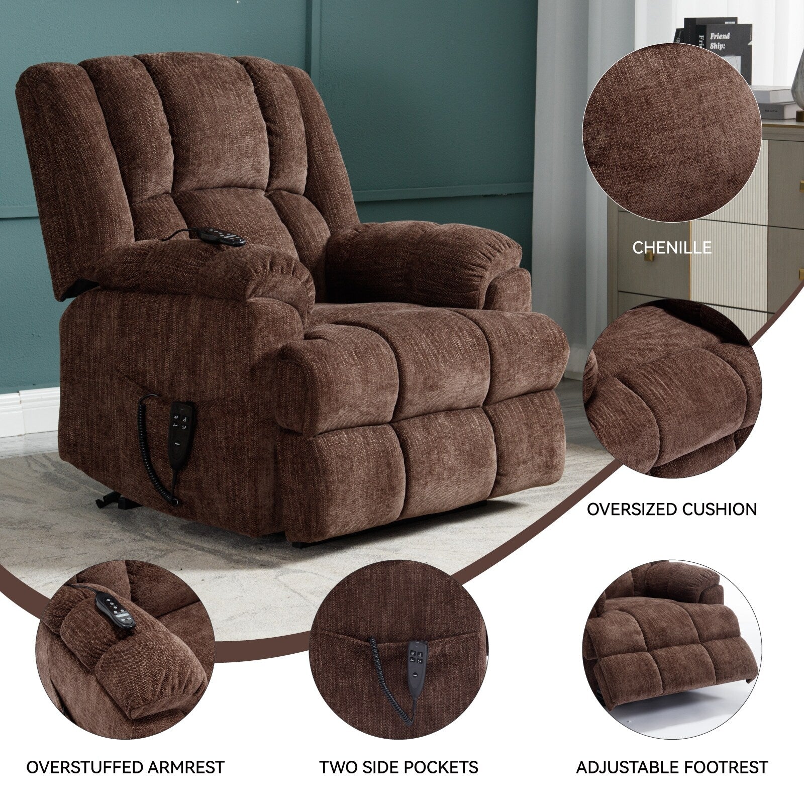 Fauteuil inclinable à double moteur avec relevage électrique et massage thermique, 158 kg, robuste