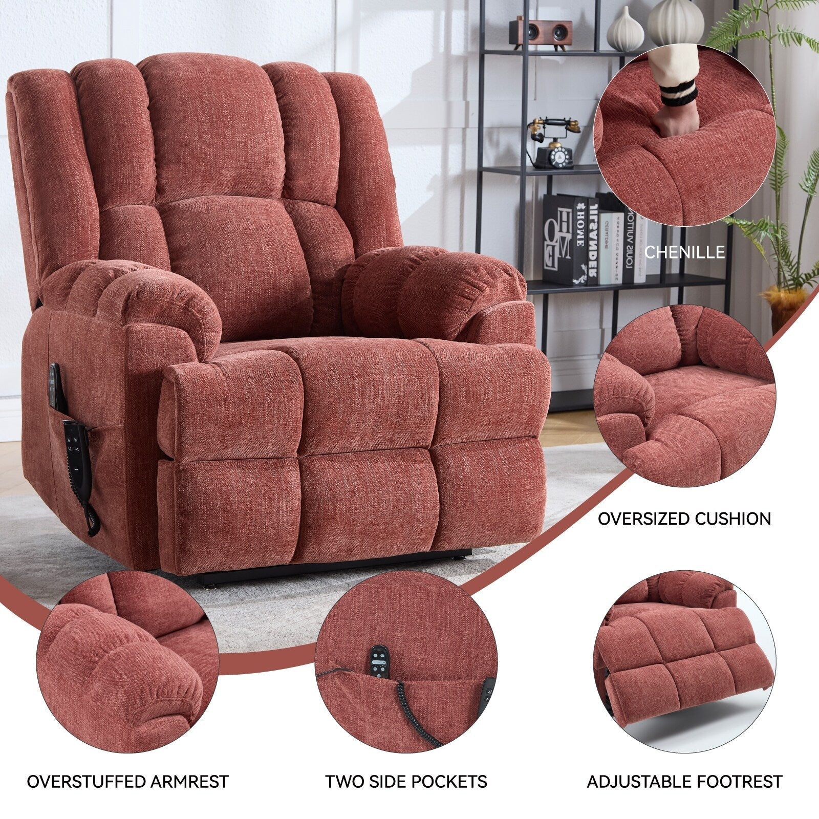 Fauteuil inclinable à double moteur avec relevage électrique et massage thermique, 158 kg, robuste