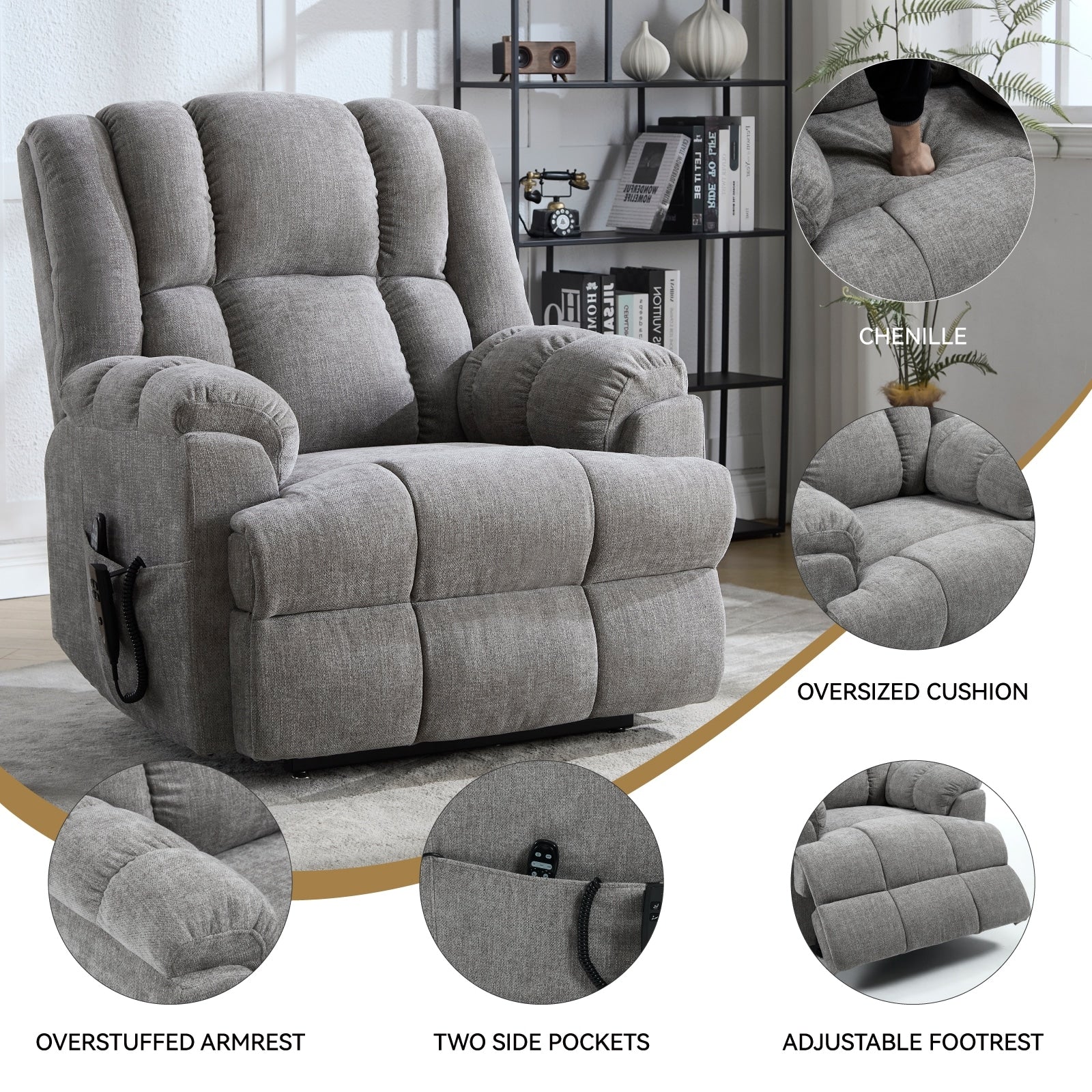 Fauteuil inclinable à double moteur avec relevage électrique et massage thermique, 158 kg, robuste