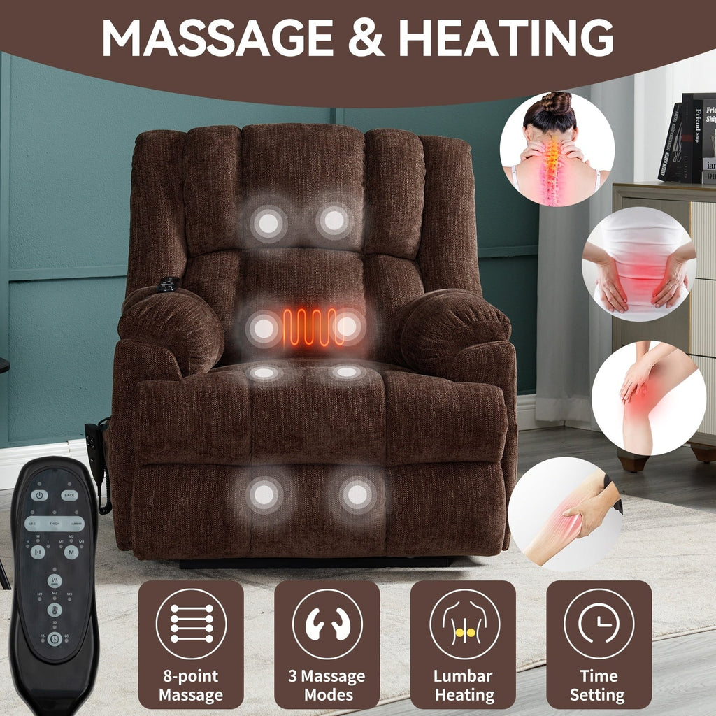 Fauteuil inclinable à double moteur avec relevage électrique et massage thermique, 158 kg, robuste