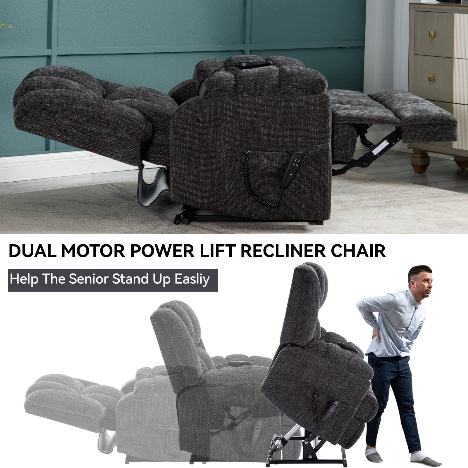 Fauteuil inclinable à double moteur avec relevage électrique et massage thermique, 158 kg, robuste