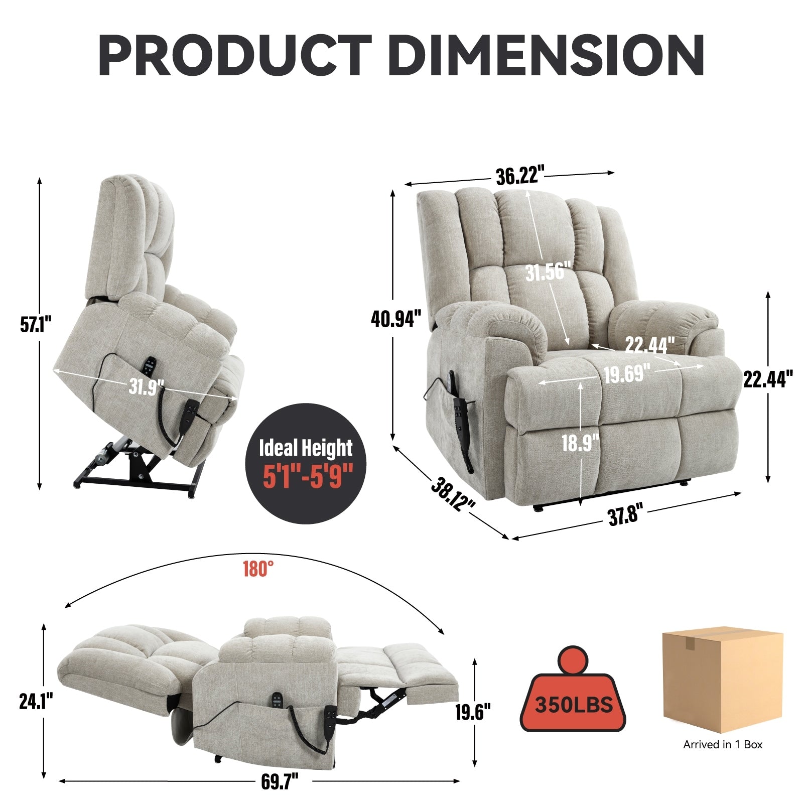 Fauteuil inclinable à double moteur avec relevage électrique et massage thermique, 158 kg, robuste
